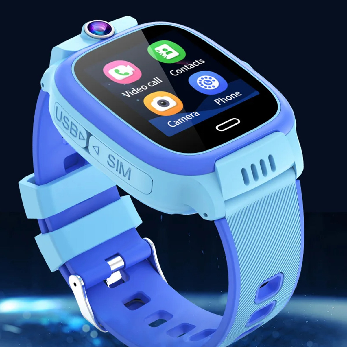 Smartwatch con correa azul. La pantalla muestra iconos de videollamada, contactos y cámara.