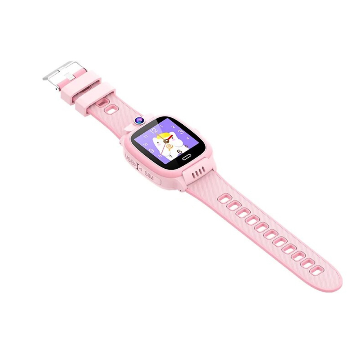 Smartwatch rosa con correa rosa. La pantalla muestra un gráfico de dibujos animados.