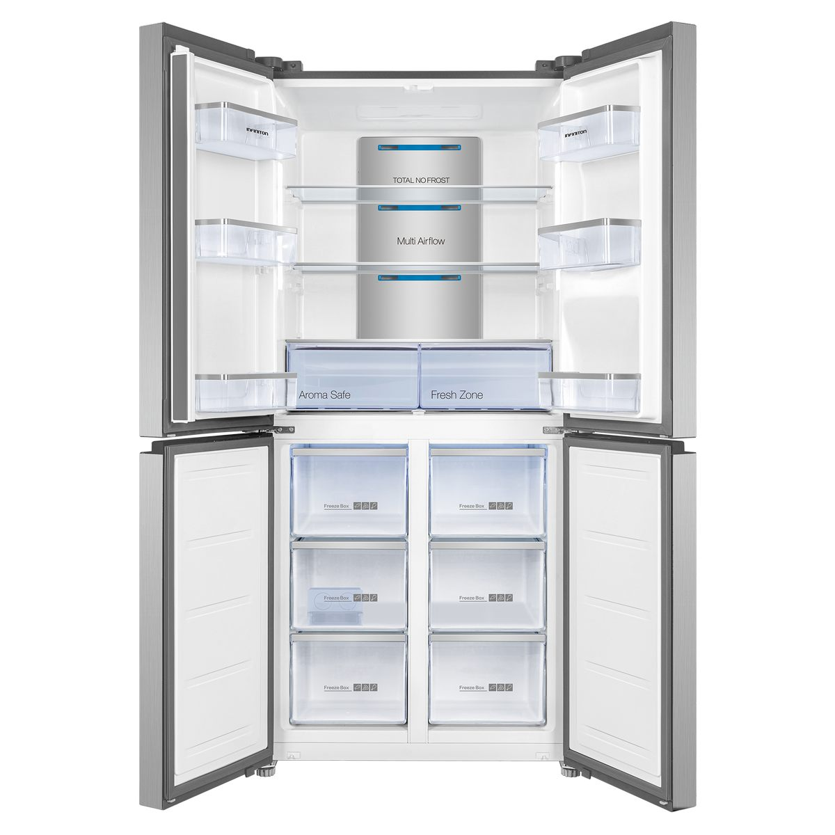 Refrigerador abierto con múltiples compartimentos. Es de acero inoxidable, con cajones y estantes.
