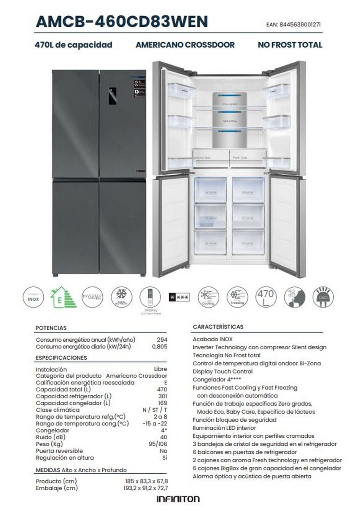 Refrigerador gris con puertas abiertas, información detallada del producto.