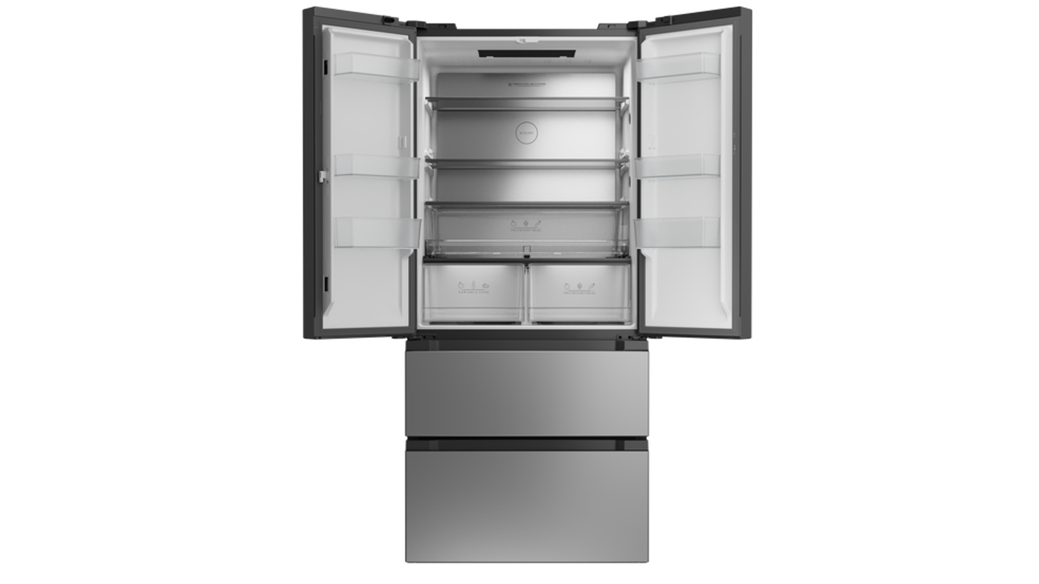 Srebrna lodówka z otwartymi drzwiami, ukazująca półki, szuflady i jasne wnętrze.