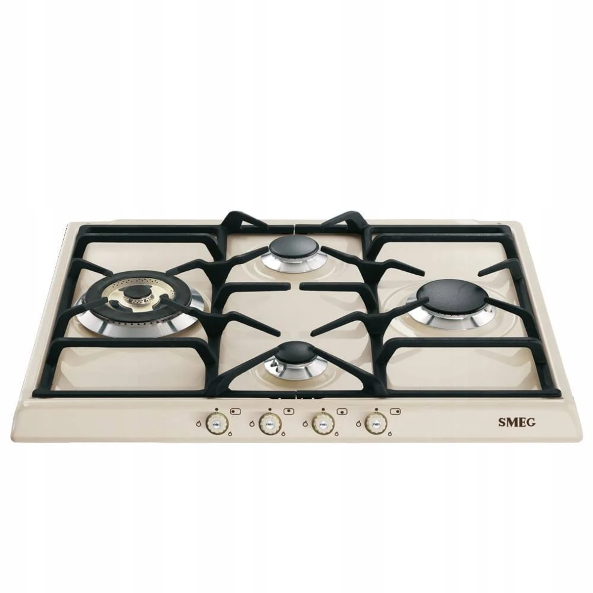 Una placa de gas beige con cuatro quemadores, rejillas negras y mandos, marca SMEC.