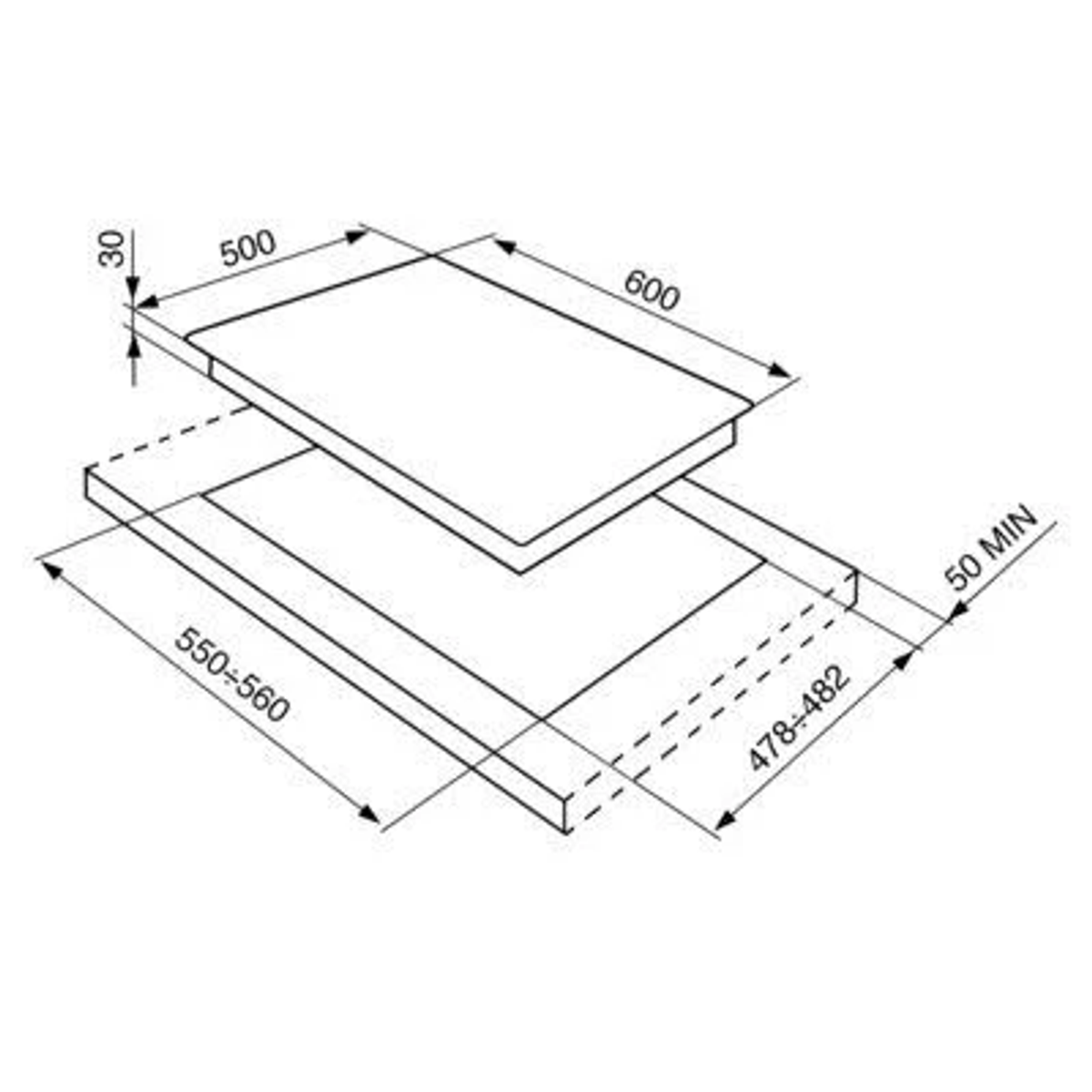 Dibujo técnico de una encimera con dimensiones, que muestra la encimera rectangular y su base.