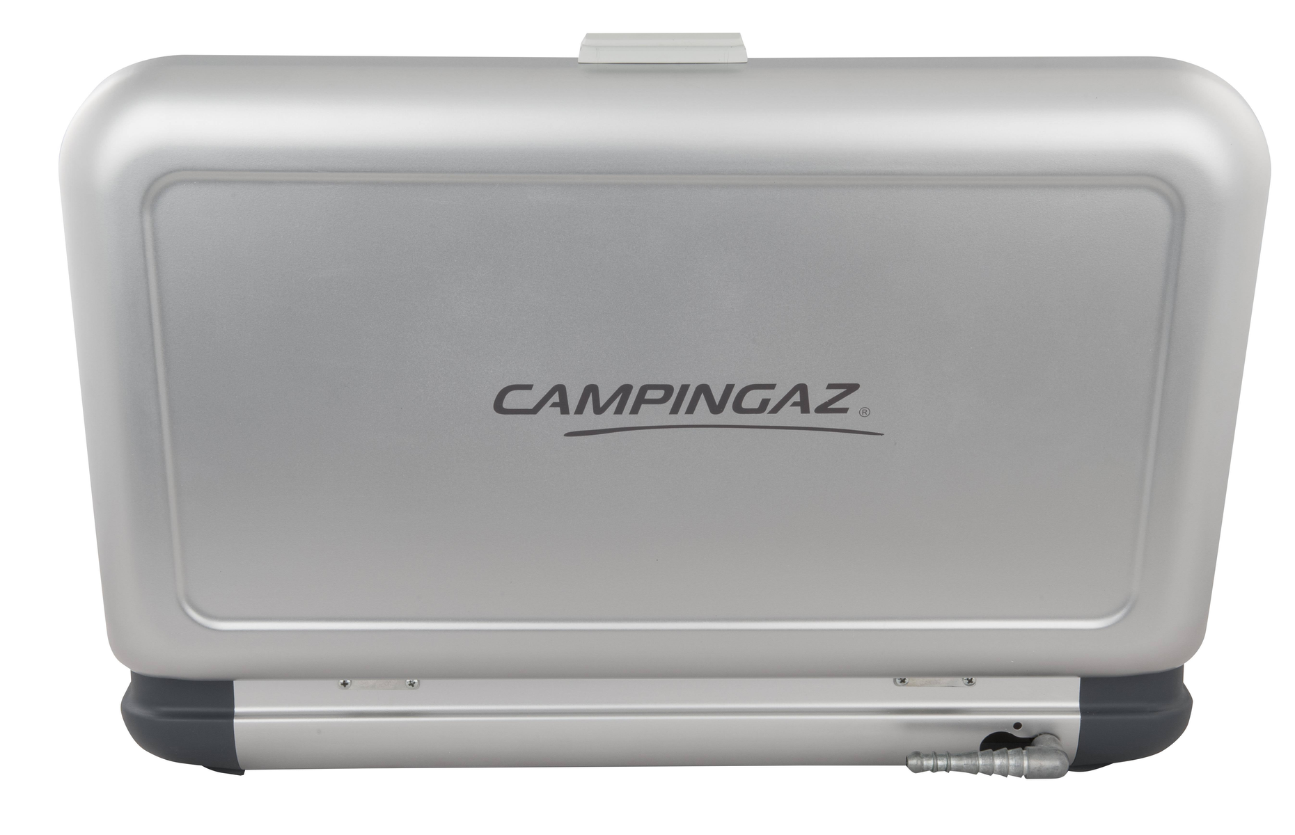 Fornello portatile Campingaz argentato. Forma rettangolare. Il marchio è visibile.