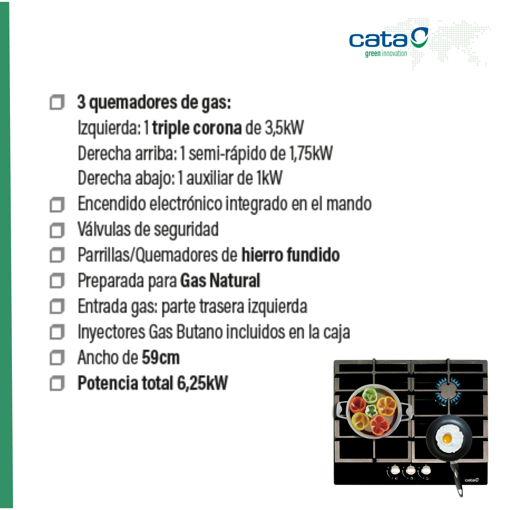 Czarna płyta grzewcza z palnikami, opisami tekstowymi i małym zdjęciem.