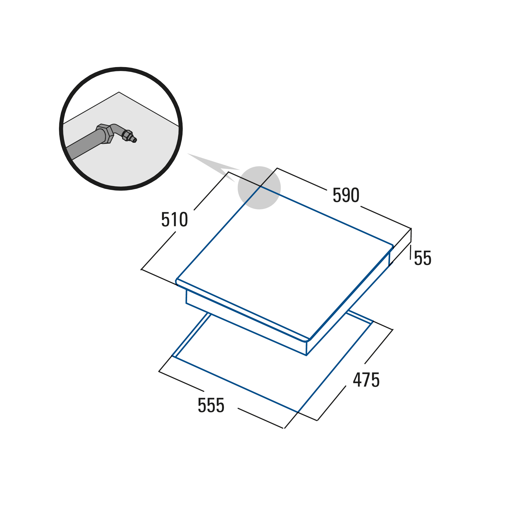 Schemat płyty grzewczej. Wymiary: 510x590x55mm i 475x555mm.