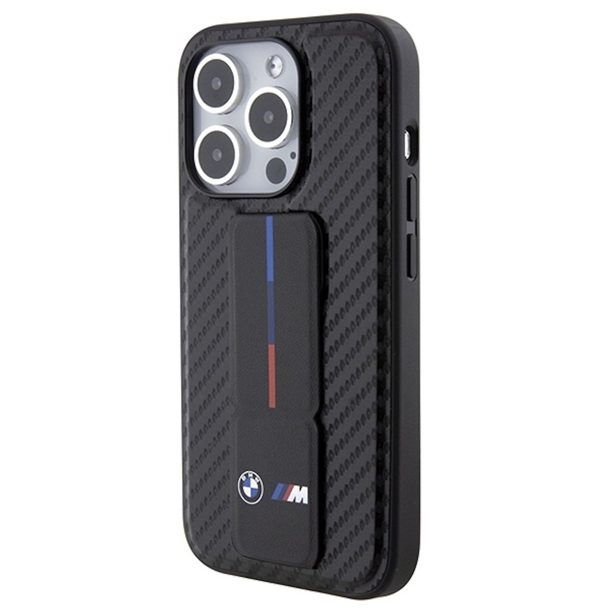 Custodia per telefono nera con logo BMW e motivo in fibra di carbonio.