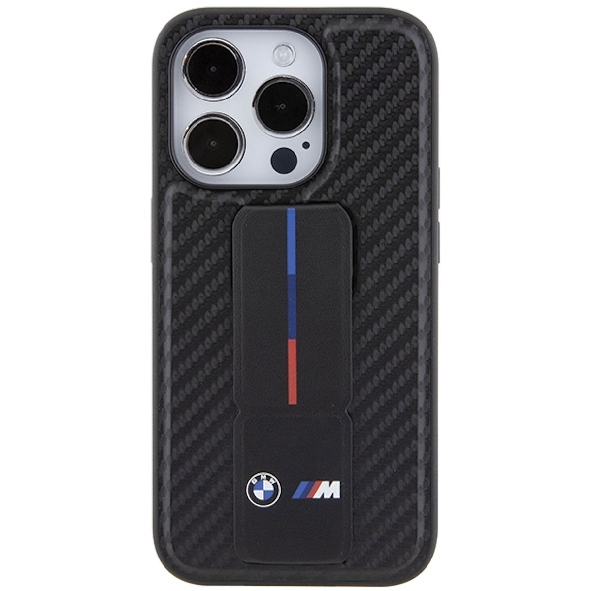 Custodia nera per telefono con logo BMW e striscia colorata per iPhone 13 Pro Max.