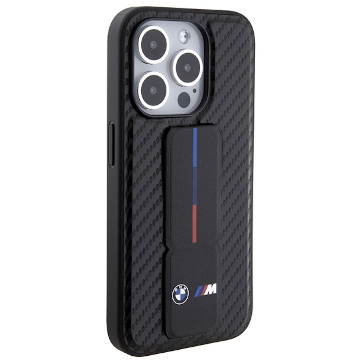 Custodia per telefono nera con logo BMW, striscia di colore verticale e telefono con tre fotocamere.