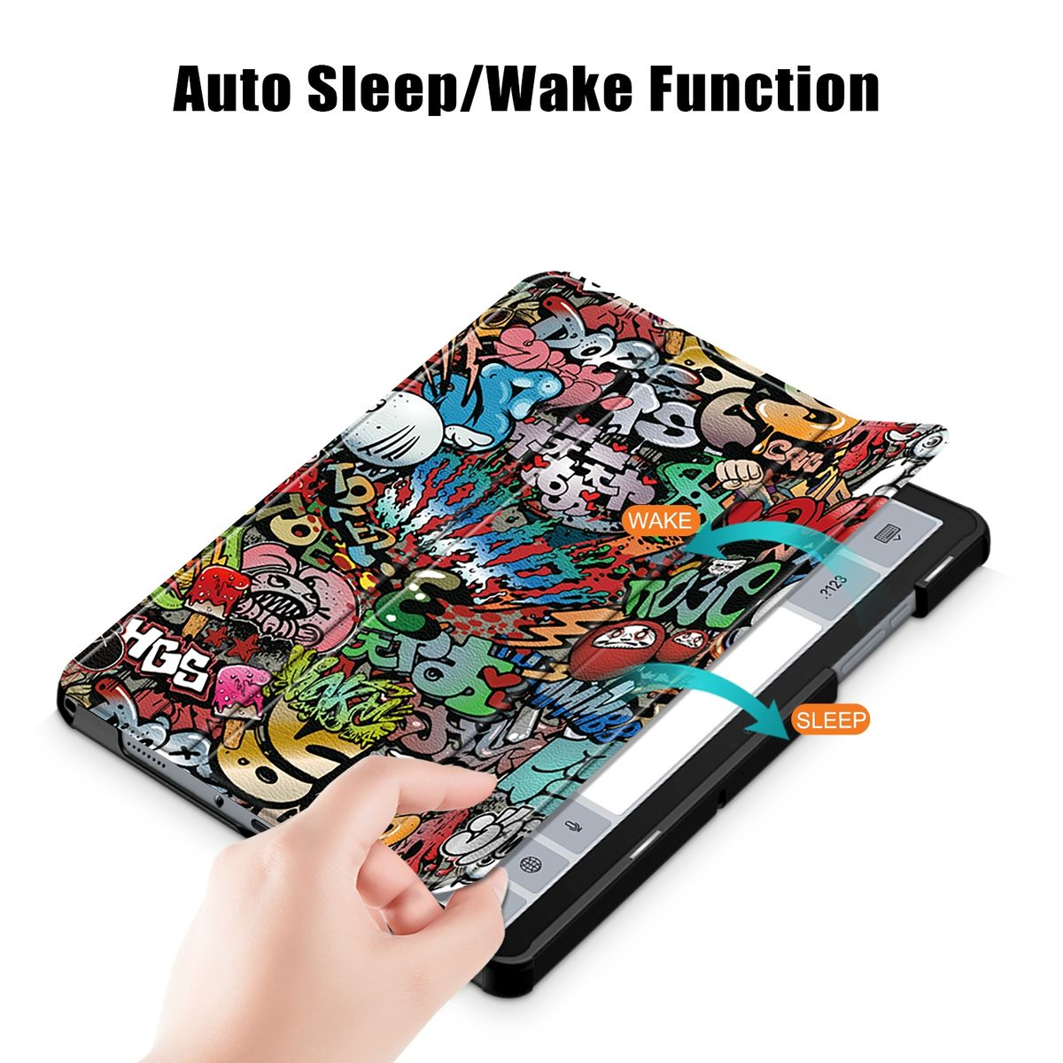 WIGENTO 3folt Wake UP aufstellbar, A9 Sleep Bookcover, Galaxy Cover Schwarz mit Plus, Samsung, Druck Tab 