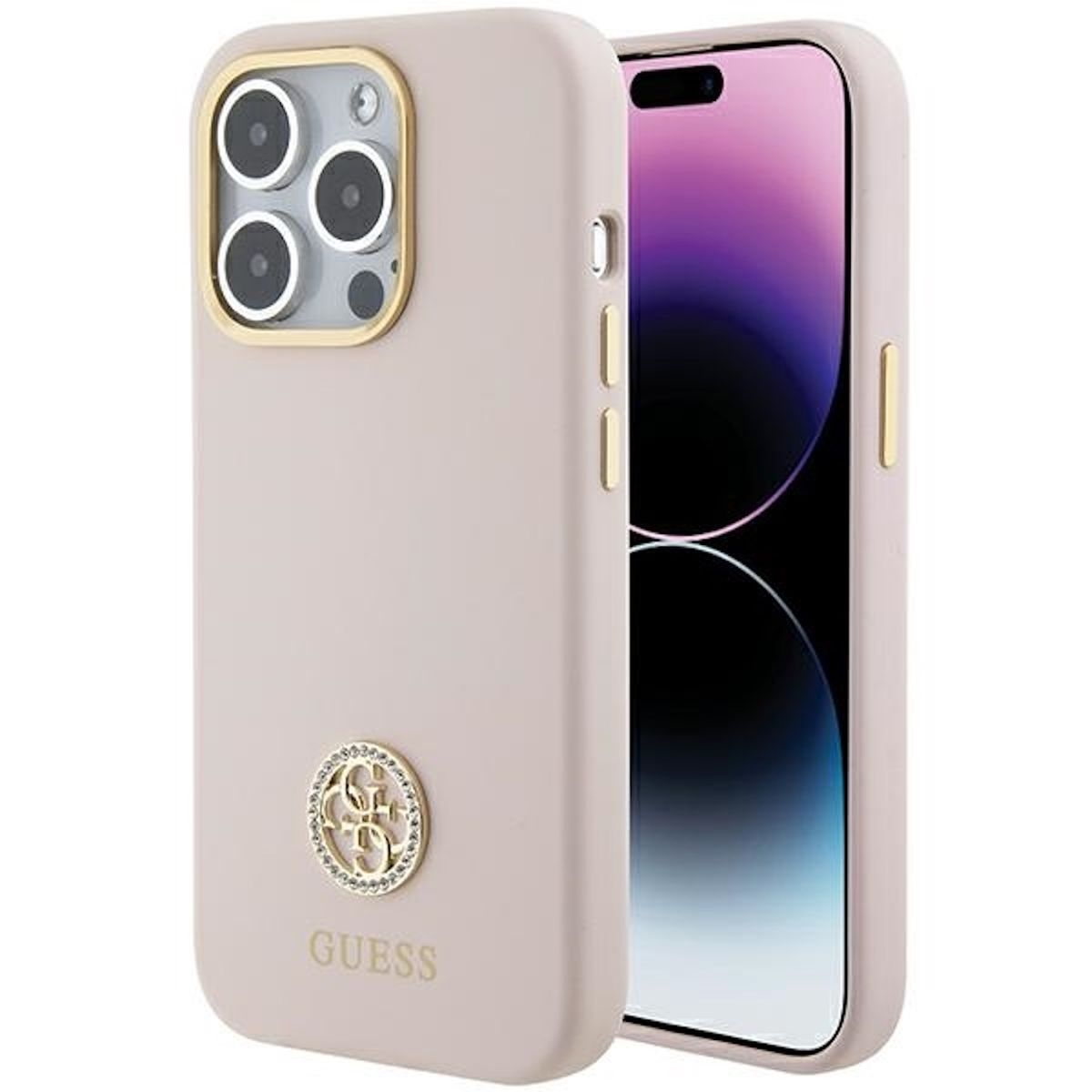GUESS Strass Metal Logo Backcover, 15 Hülle, Pro, Pink 4G Apple, iPhone Design