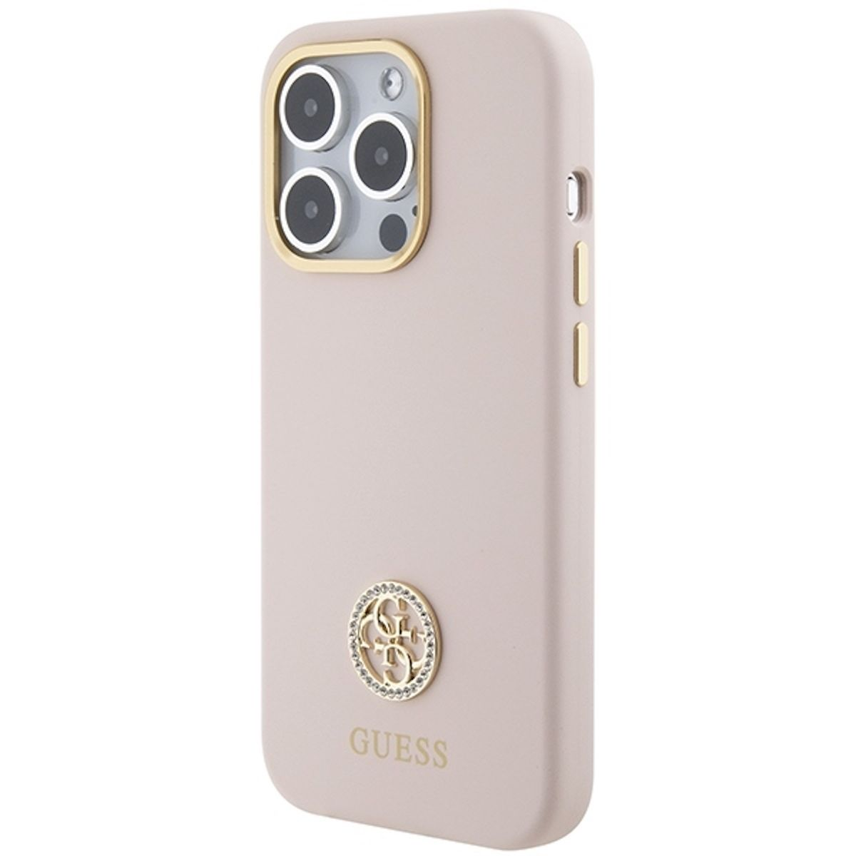 GUESS Strass Metal Logo Backcover, 15 Hülle, Pro, Pink 4G Apple, iPhone Design