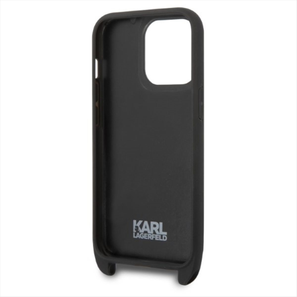 Custodia nera per iPhone con il logo Karl Lagerfeld. La custodia ha un design elegante e minimalista.