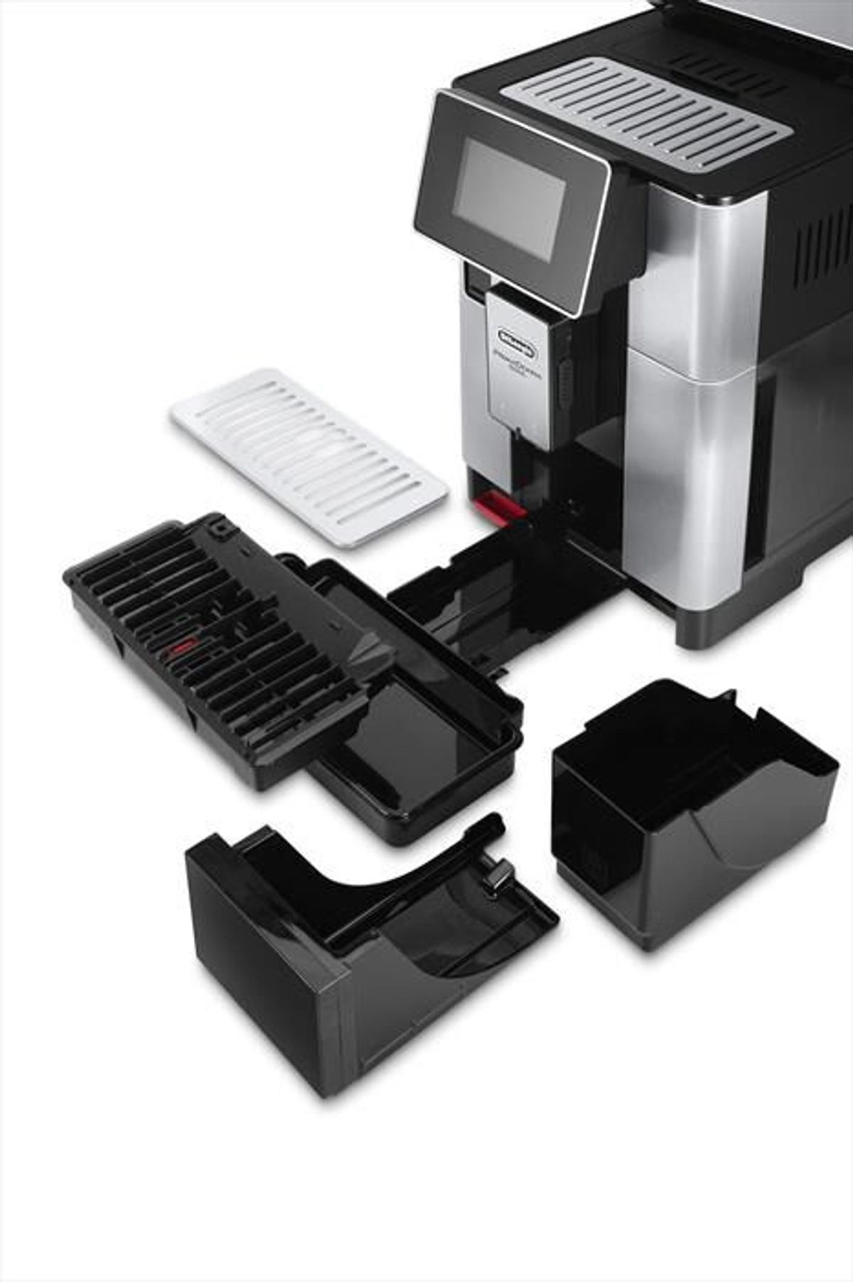 Black coffee machine with removable parts, white background.