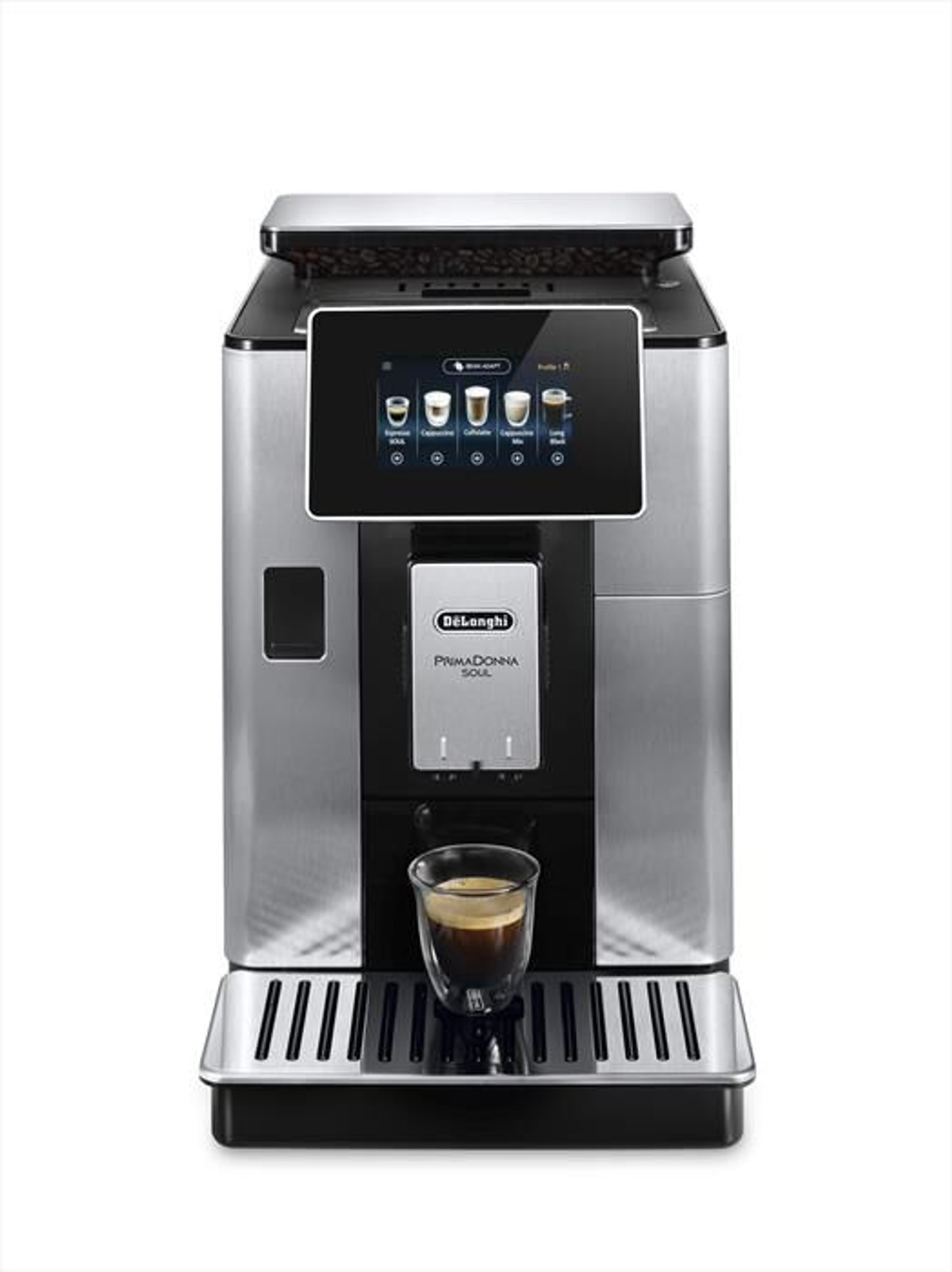A silver espresso machine with a cup of coffee under the spout.