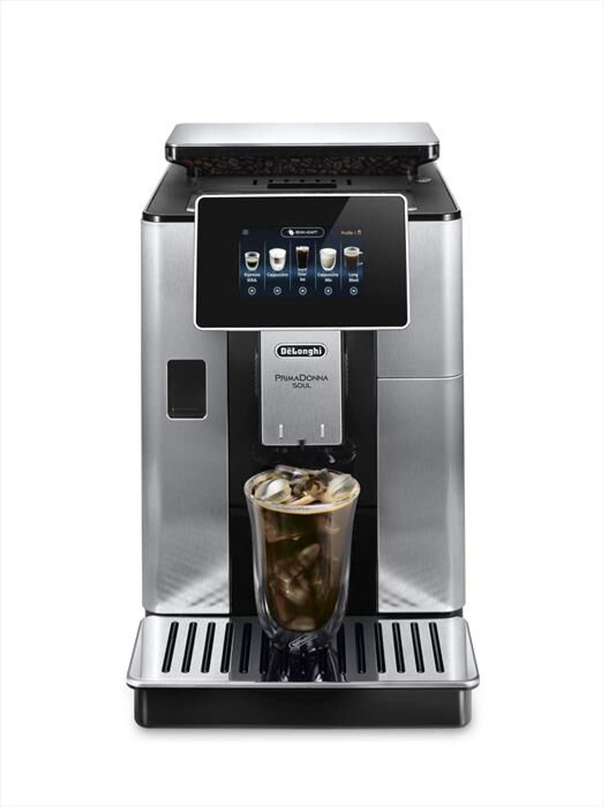 Silver and black coffee machine with a glass of iced coffee. White background.