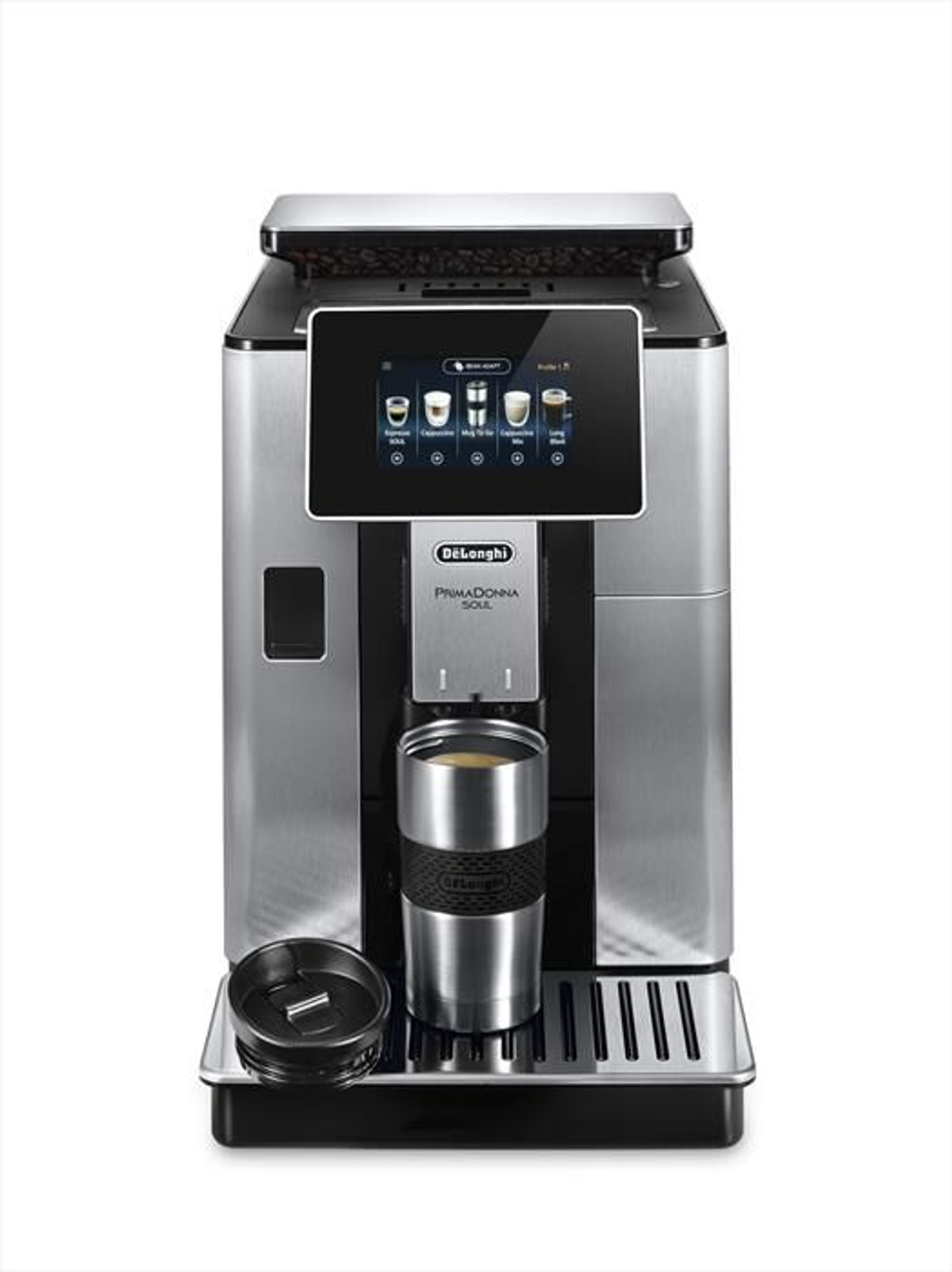 Silver coffee machine with touch screen. A cup sits under the nozzle. Beans are in the top.