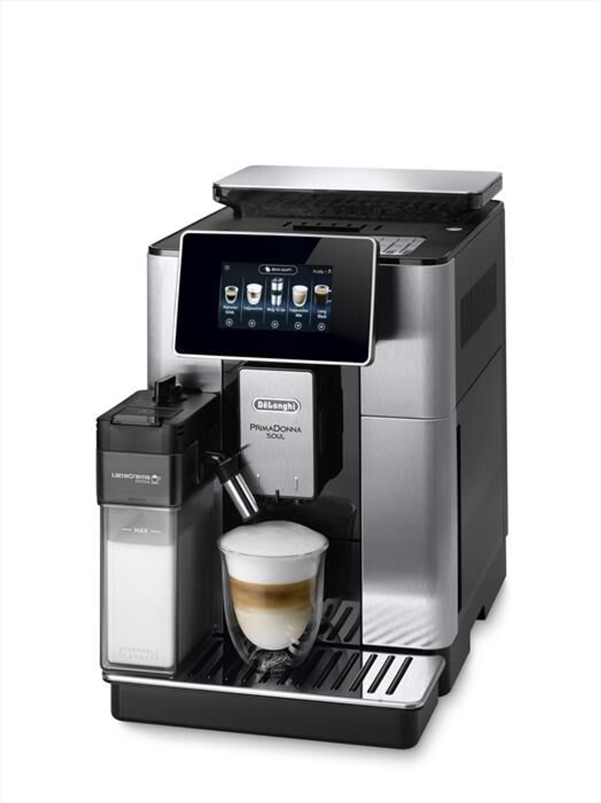 A silver and black espresso machine with a glass of latte on a white background.