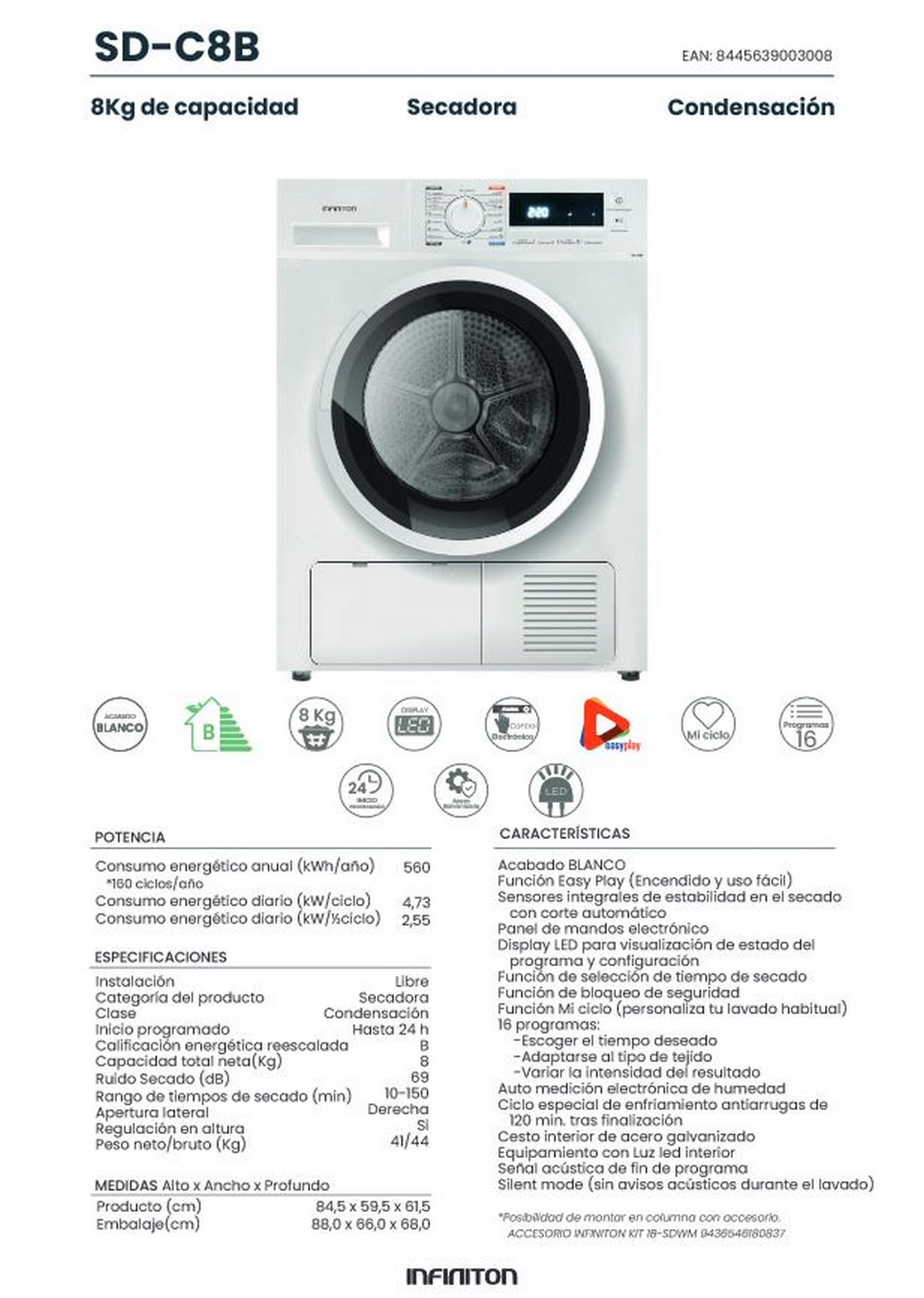 Secadora Infinitton blanca con panel de control y puerta. Texto en español.