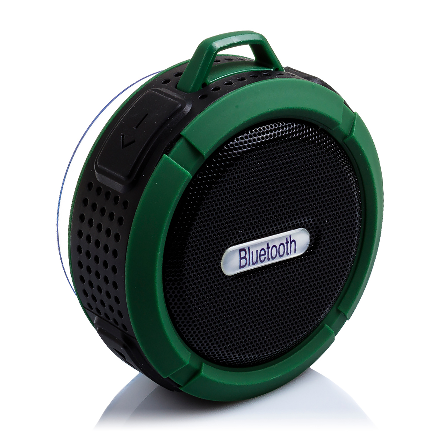 Ein grüner und schwarzer Bluetooth-Lautsprecher mit Griff. Das Wort Bluetooth ist sichtbar.