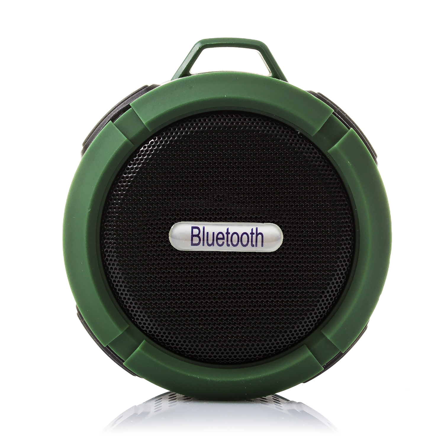 Ein grüner, tragbarer Bluetooth-Lautsprecher mit schwarzem Lautsprechergitter und Bluetooth-Label.