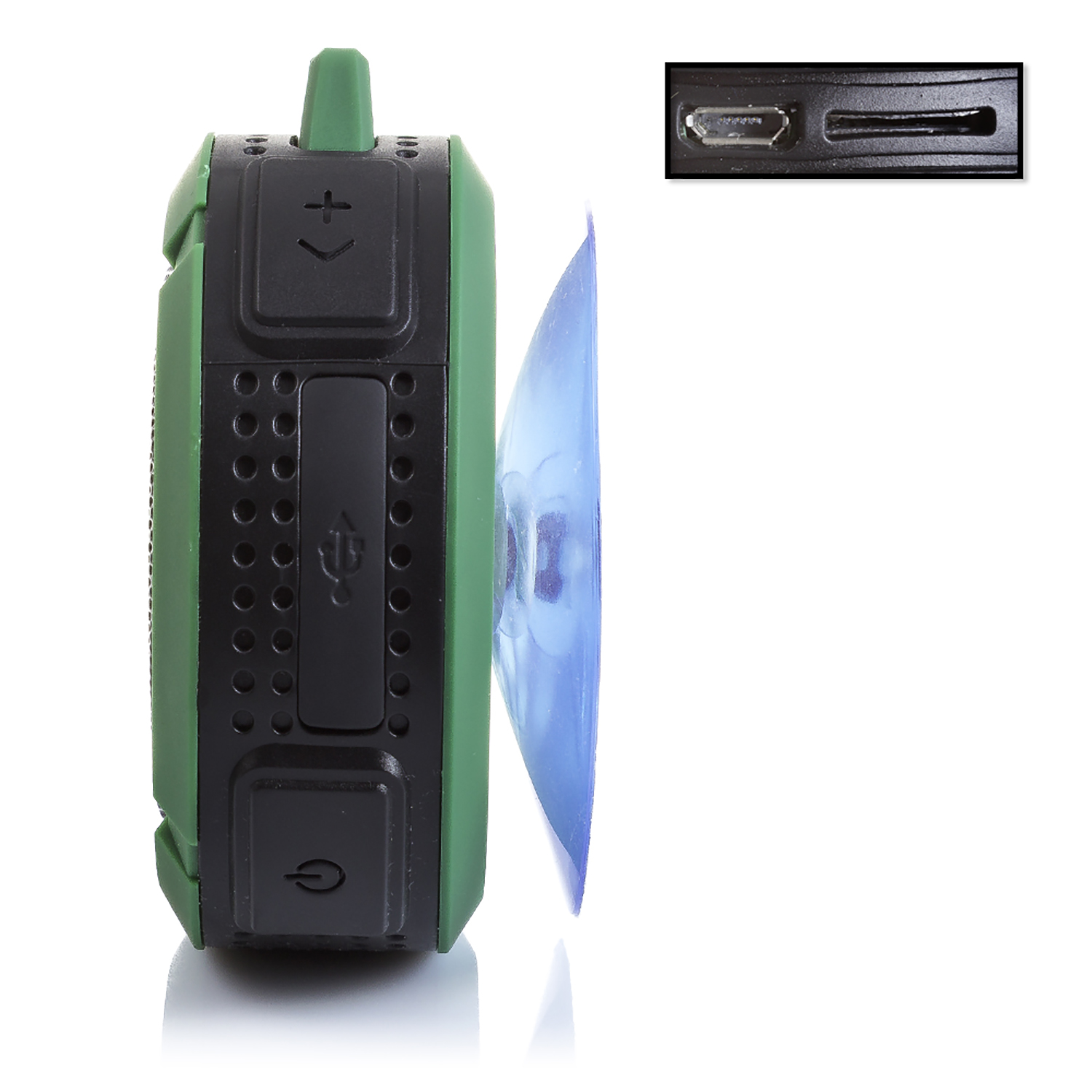 Ein grüner Lautsprecher mit einem blauen Saugnapf und einem USB-Anschluss. Eine Nahaufnahme des USB-Anschlusses wird gezeigt.