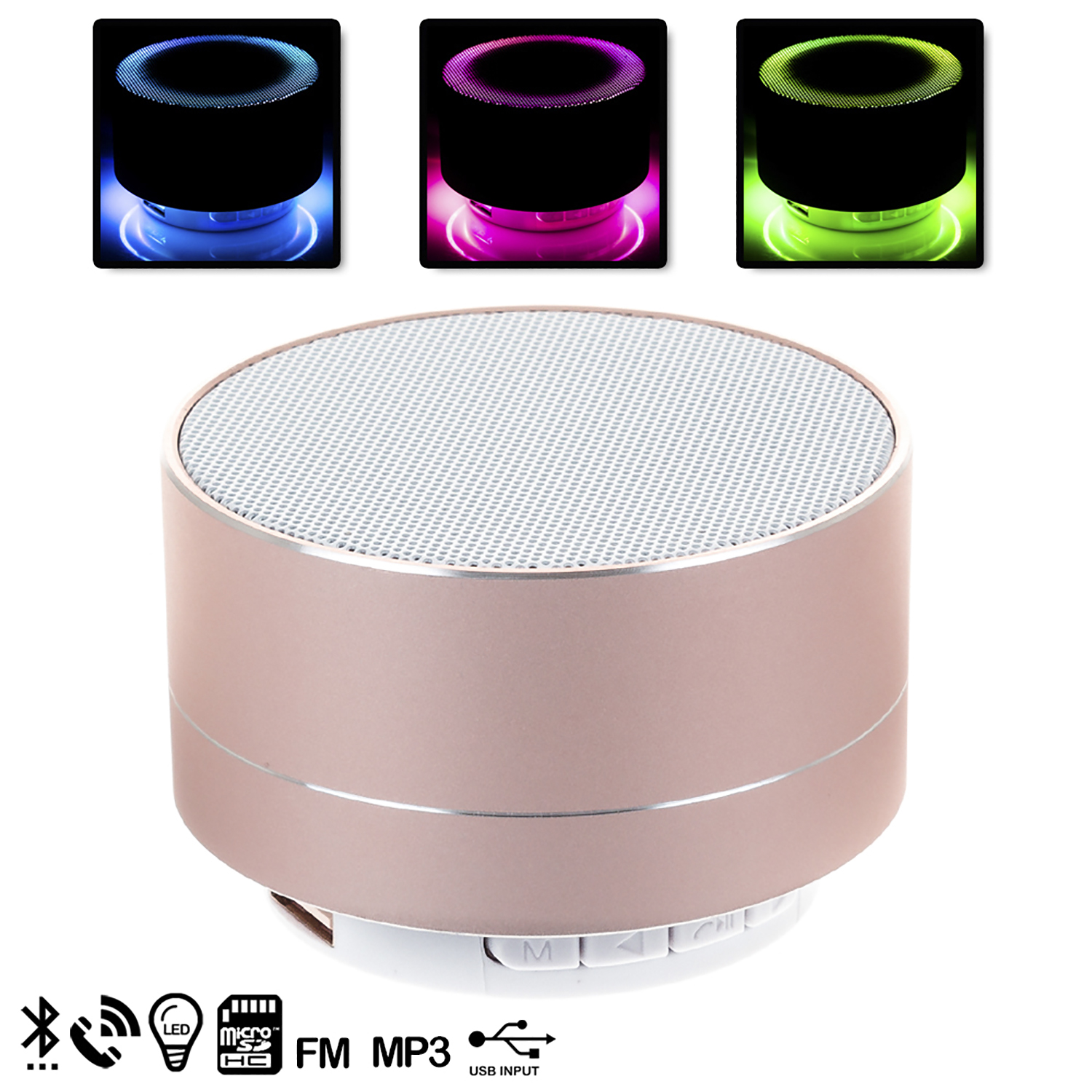Mini altoparlante oro rosa con griglia superiore e luci colorate. USB e FM.