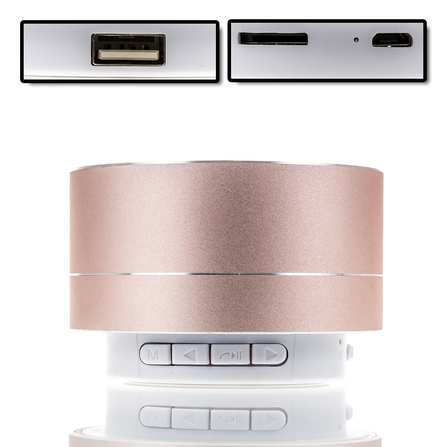 Altoparlante oro rosa con USB, scheda SD e USB-C. Pulsanti di controllo multimediale in basso.