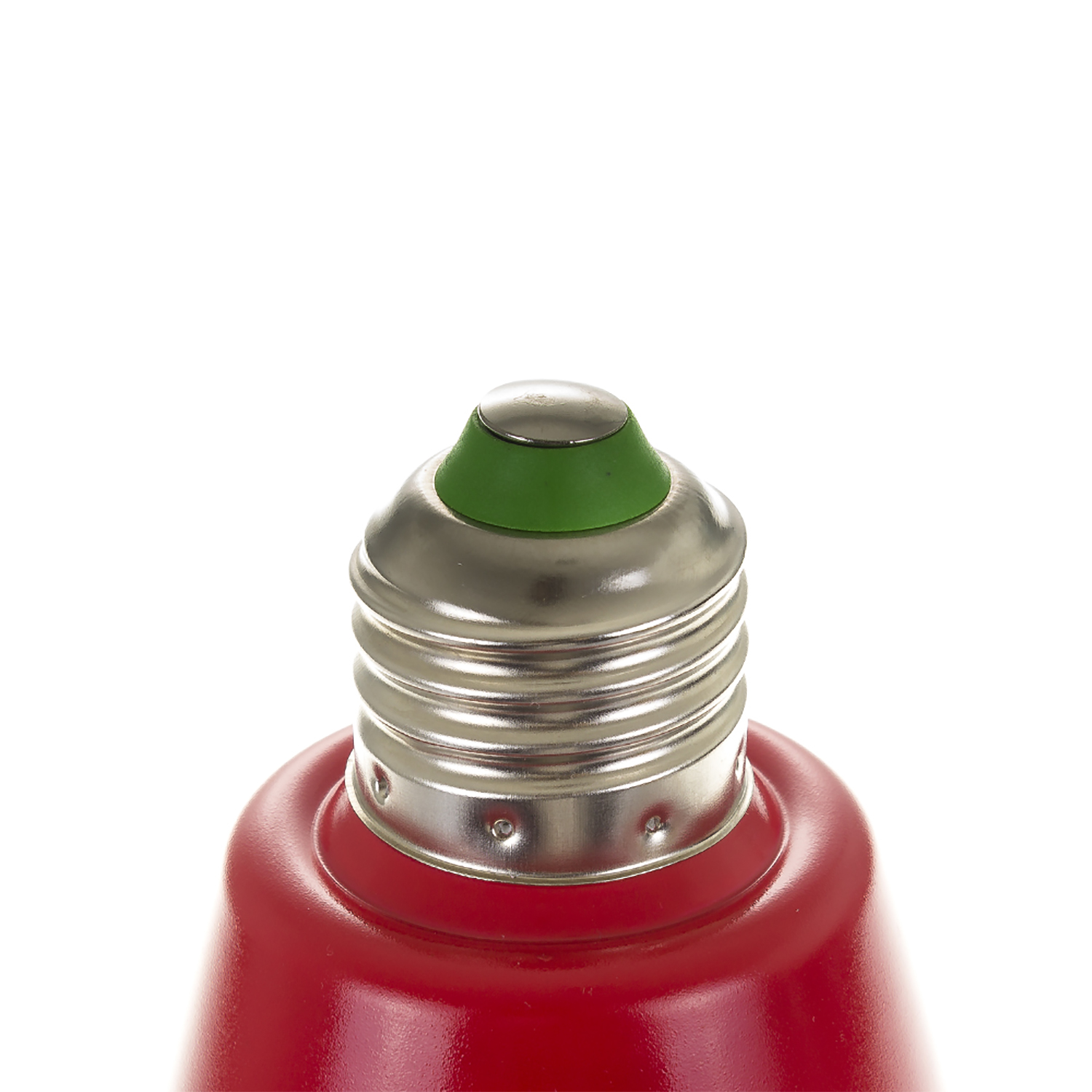 Primo piano della parte superiore di una lampada rossa con base argentata e componente centrale verde.