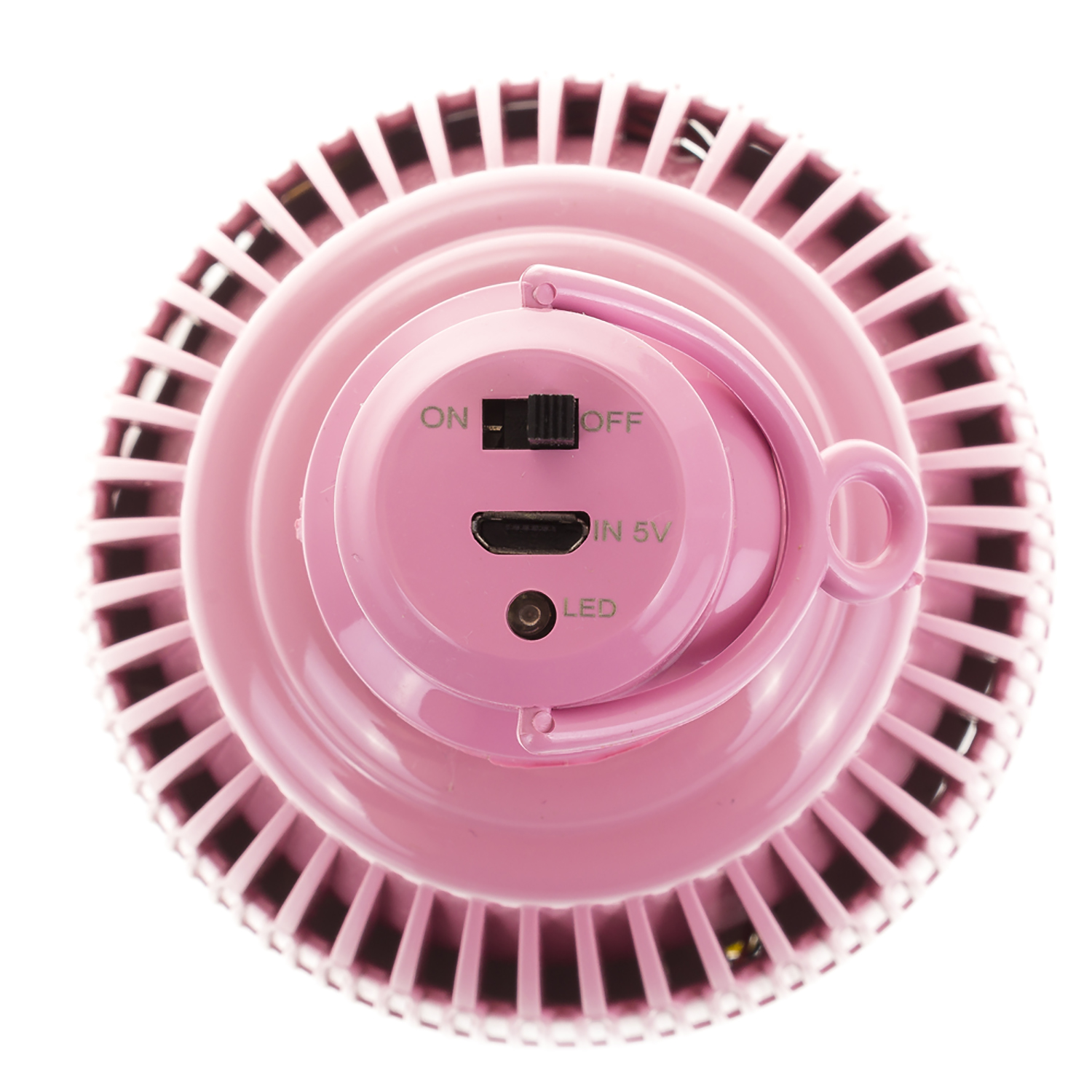 Rosa Ventilator mit Bedienelementen und USB-Anschluss, Draufsicht.