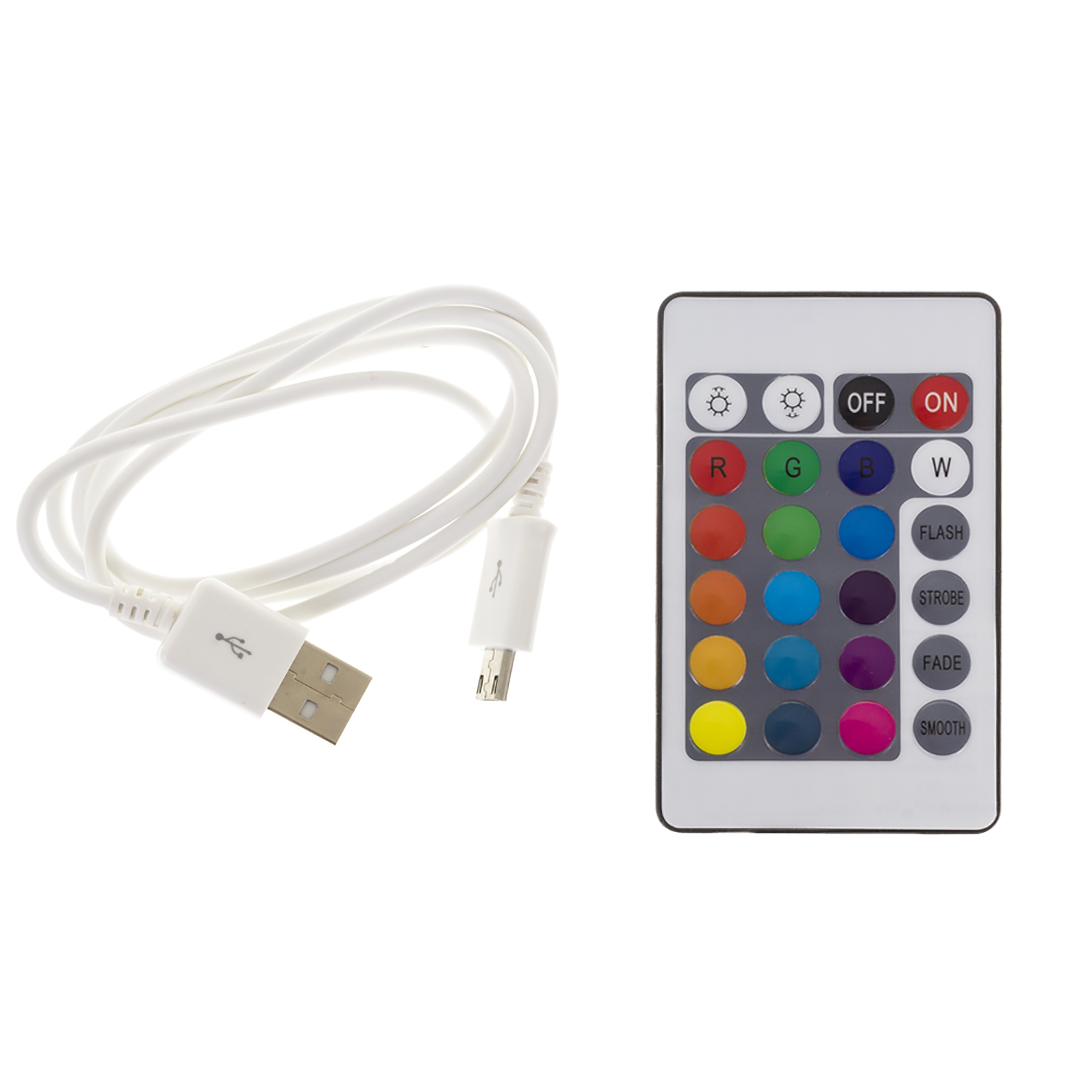Weißes USB-Kabel und Fernbedienung mit Tasten, einschließlich Farb- und Funktionsoptionen.