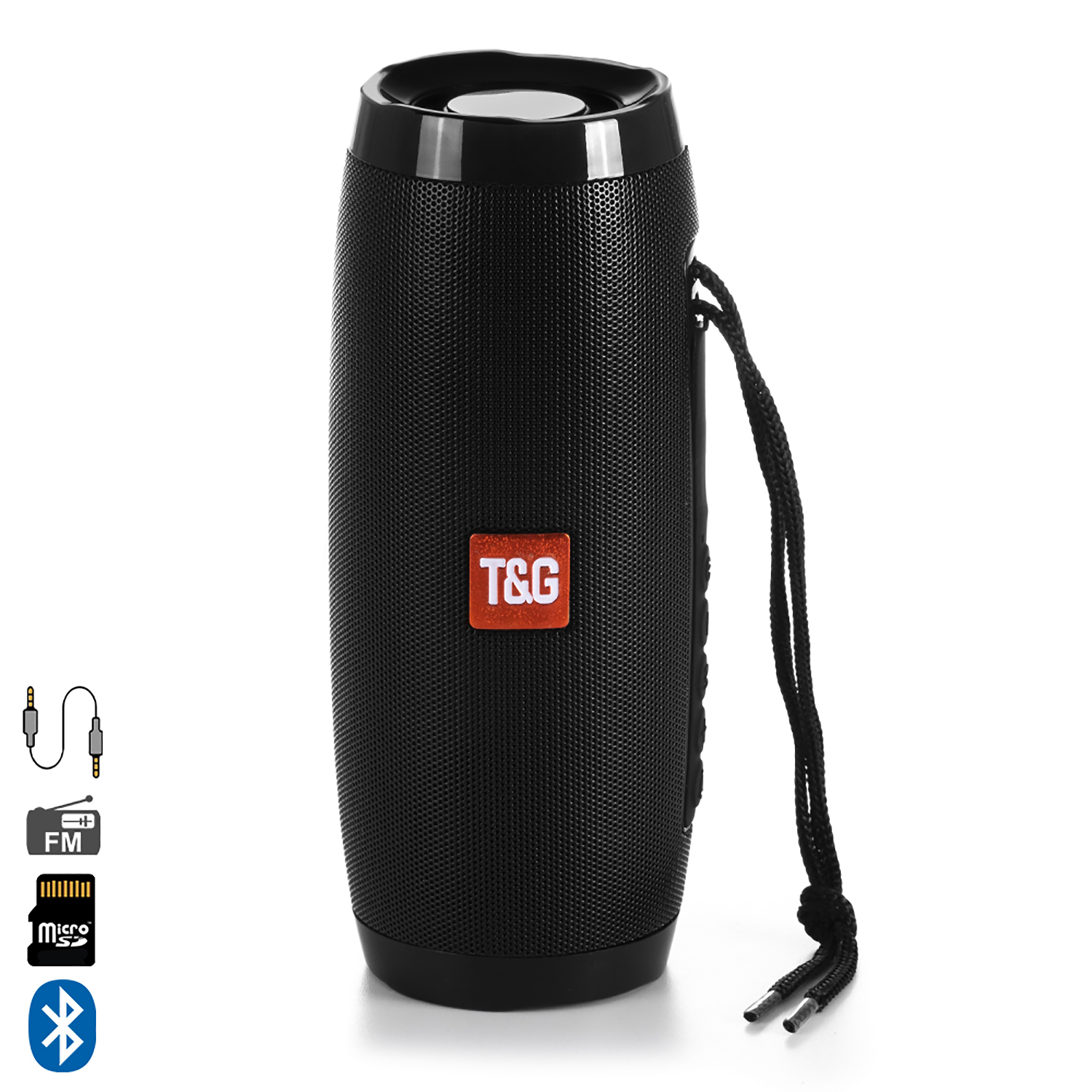 Altoparlante cilindrico nero con logo T&G rosso. Ha un cinturino nero e porte con icone sul lato.