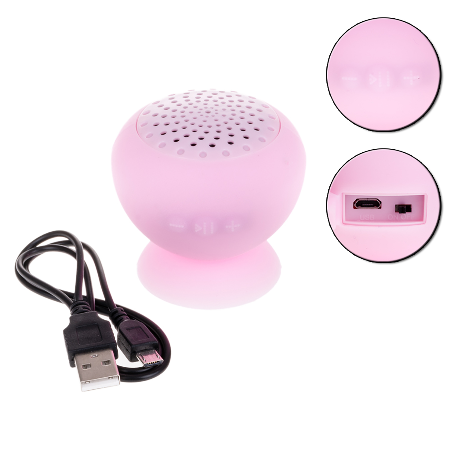Ein rosa, kugelförmiger tragbarer Lautsprecher mit USB-Kabel. Der Hintergrund ist weiß.
