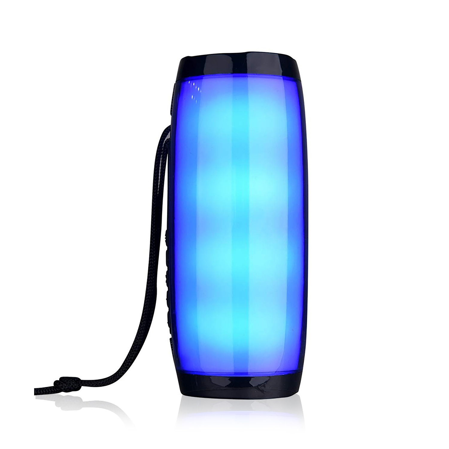 Altoparlante cilindrico blu con manico nero. Illuminato da una luce blu.