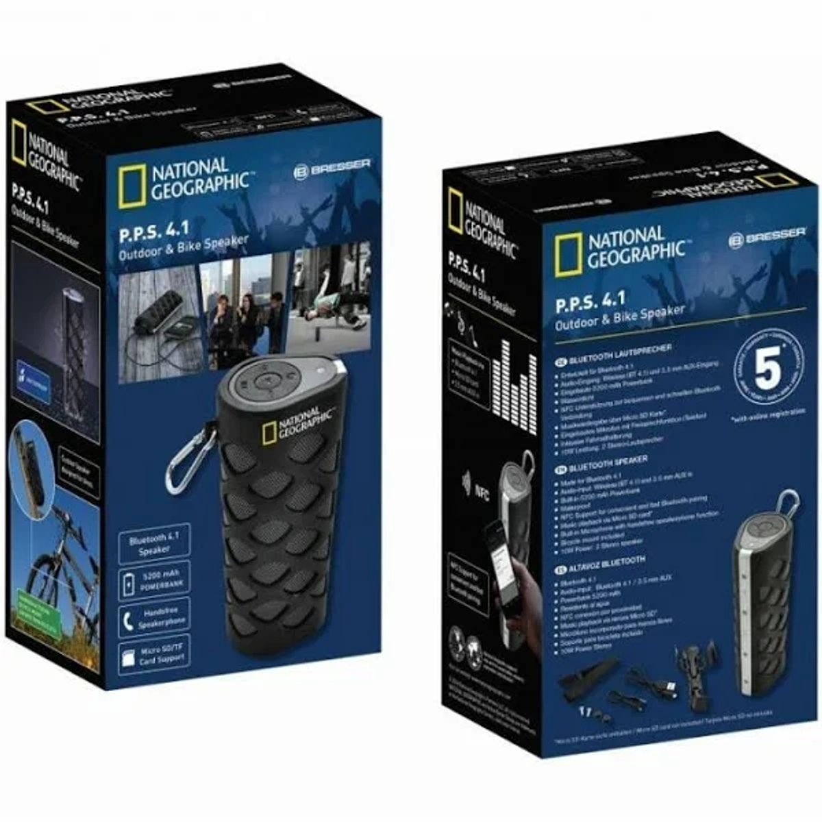 Dos cajas de un altavoz portátil National Geographic y accesorios.