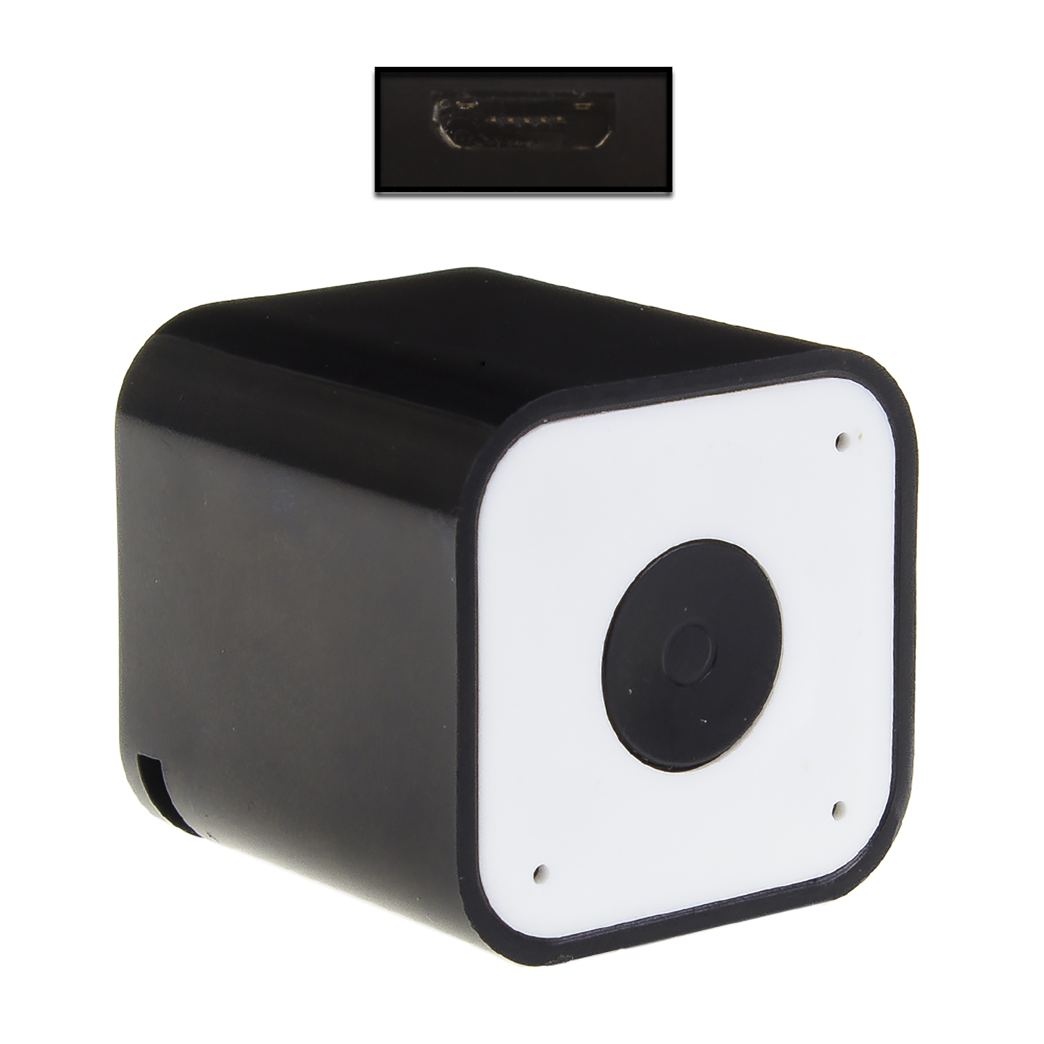 Eine kleine schwarze Würfelkamera mit weißer Front und Objektiv. Darüber befindet sich ein Micro-USB-Anschluss.