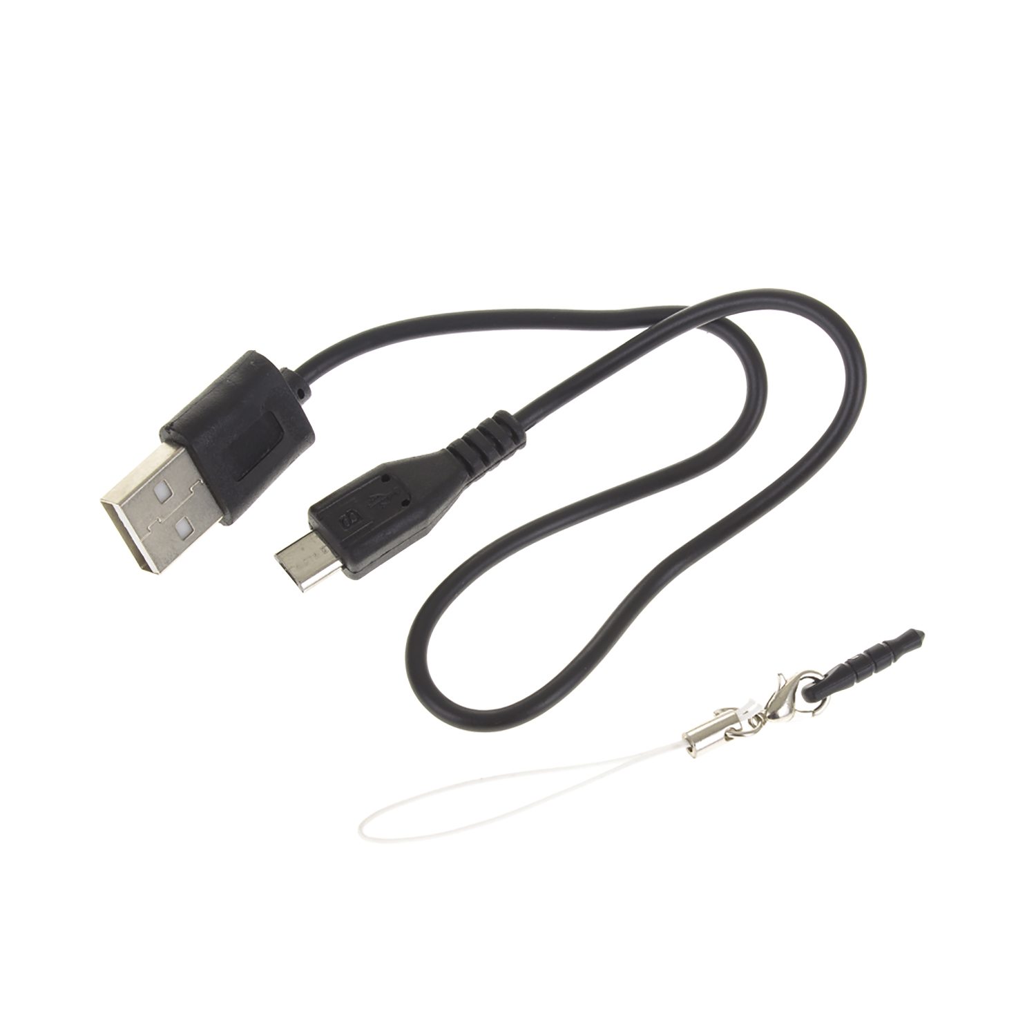 Ein schwarzes USB-Kabel mit Micro-USB-Anschluss und ein kleines silbernes Zubehör mit Schlaufe.
