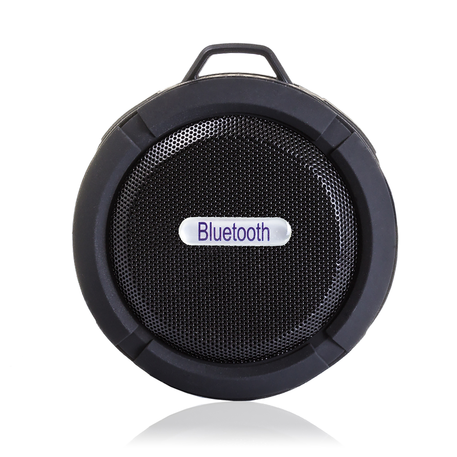 Altoparlante Bluetooth nero con griglia a rete. Ha una maniglia in alto.