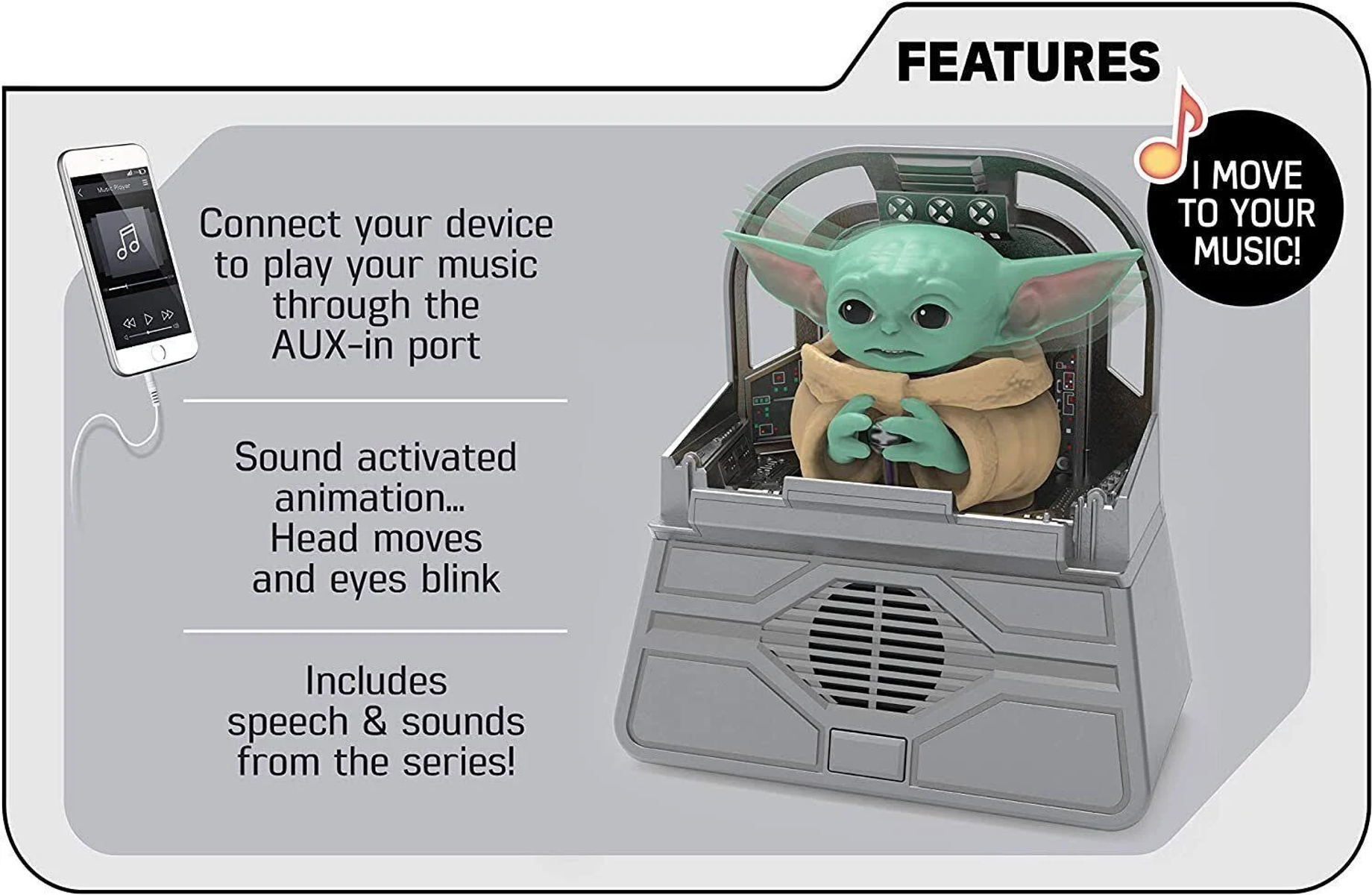 Altavoz de Baby Yoda, base gris, con un teléfono reproduciendo música. Texto: "¡Me muevo a tu música!".