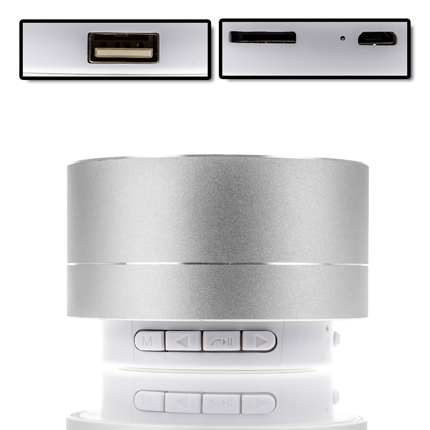 Ein silberner Lautsprecher mit USB-, SD-Karten- und USB-C-Anschlüssen auf weißem Hintergrund.