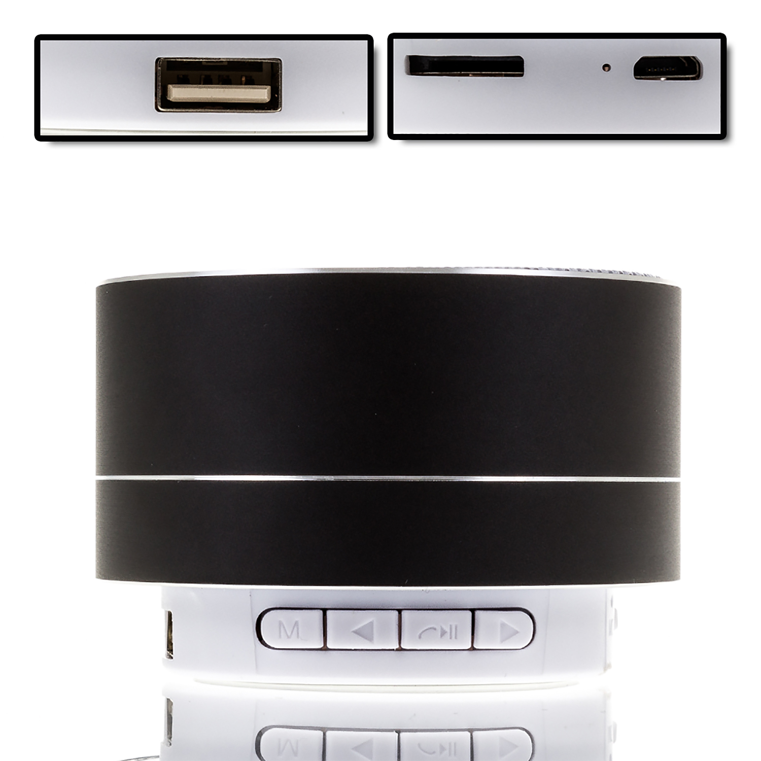 Altoparlante bianco e nero. Mostra una porta USB, uno slot per schede SD e una porta USB-C.