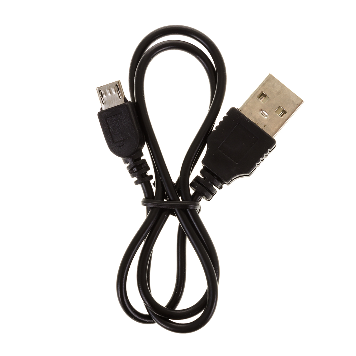 Un cavo di ricarica USB nero con due connettori diversi, uno piccolo e uno USB standard.