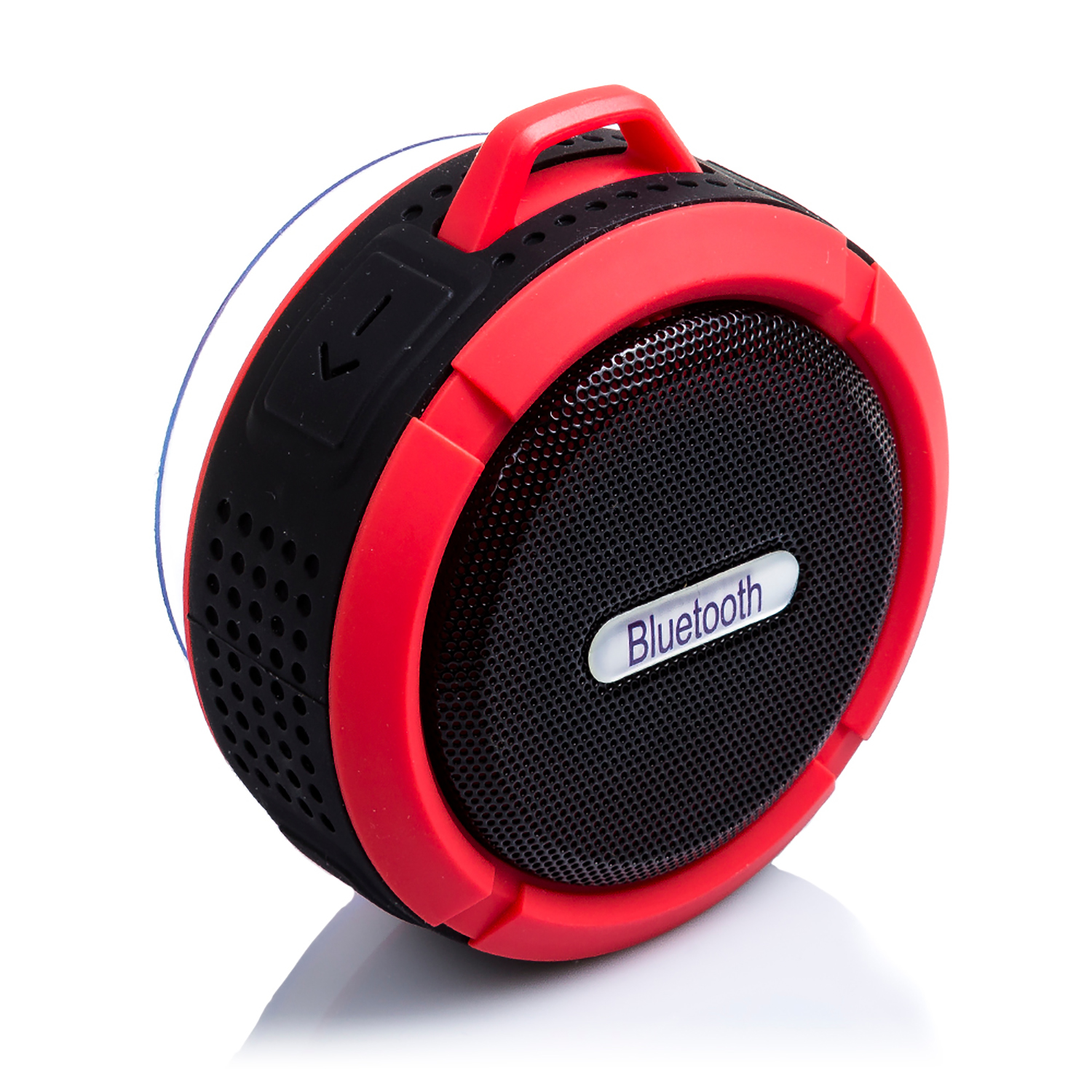 Altavoz Bluetooth rojo y negro. Cara de altavoz de malla negra. Fondo blanco.