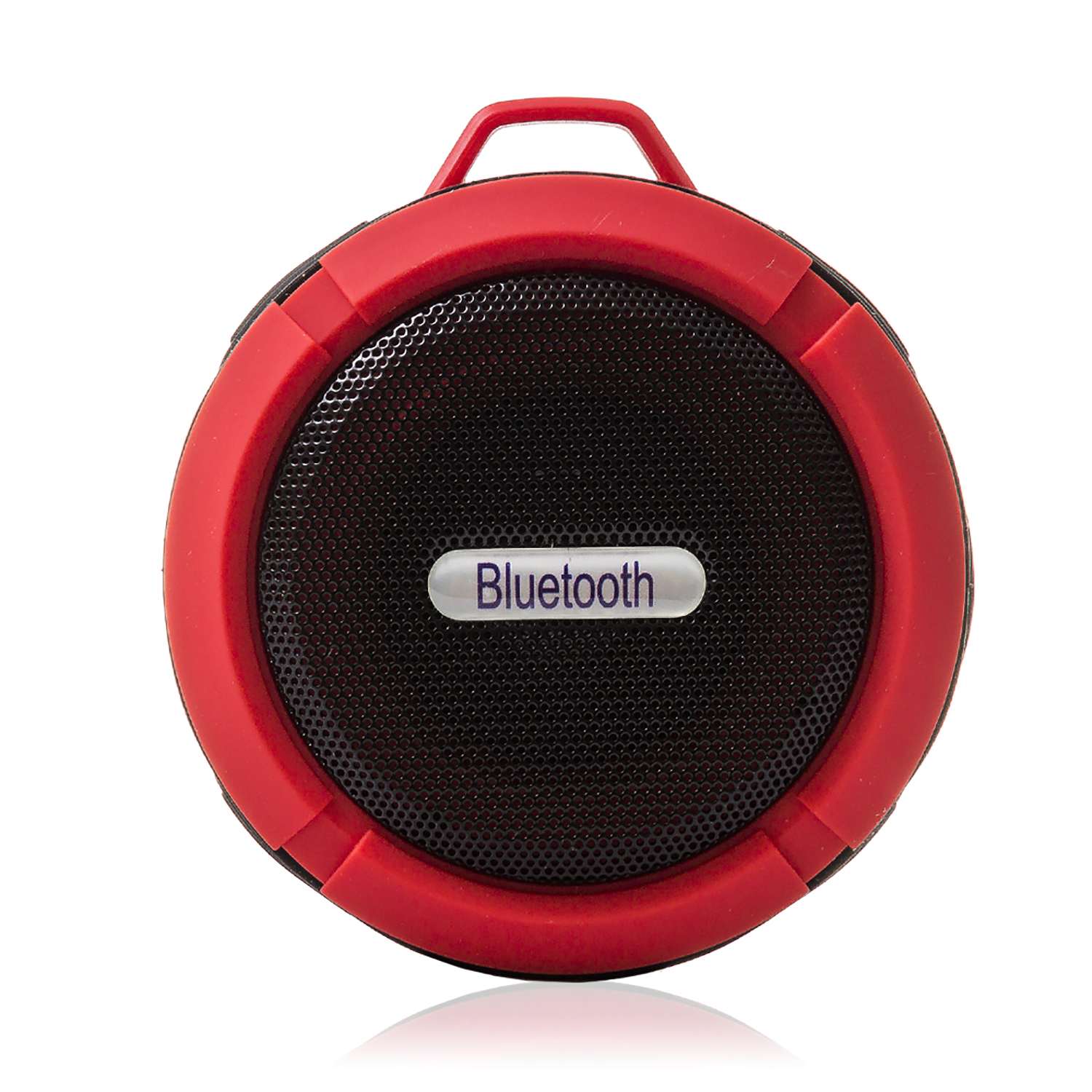 Altavoz Bluetooth redondo rojo y negro con asa y etiqueta 'Bluetooth'.