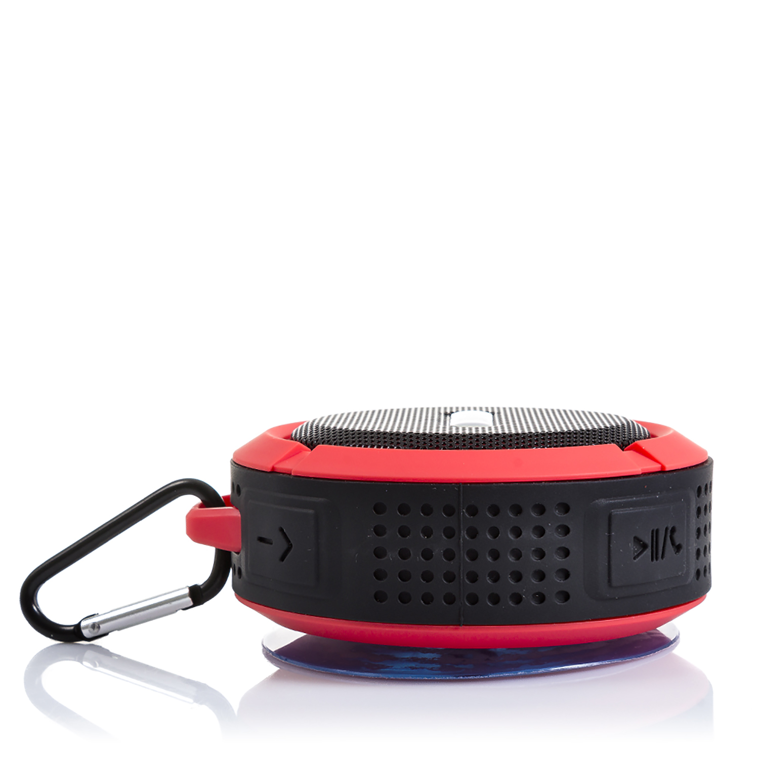 Altavoz impermeable rojo y negro con mosquetón y ventosa.