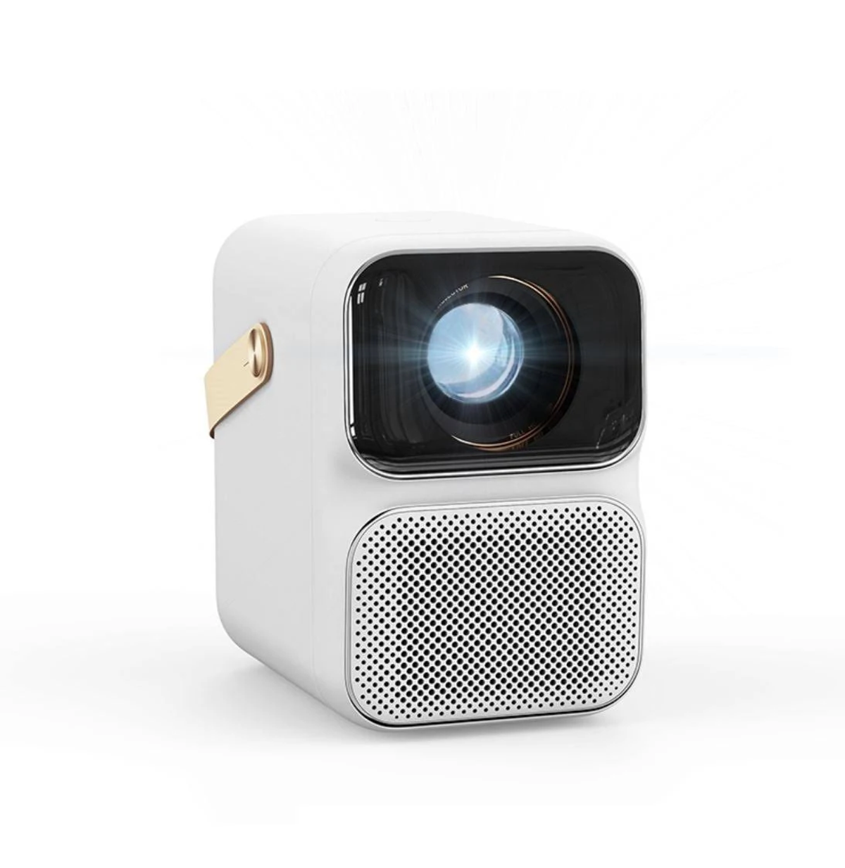 Un proyector blanco con asa dorada, aislado sobre fondo blanco.
