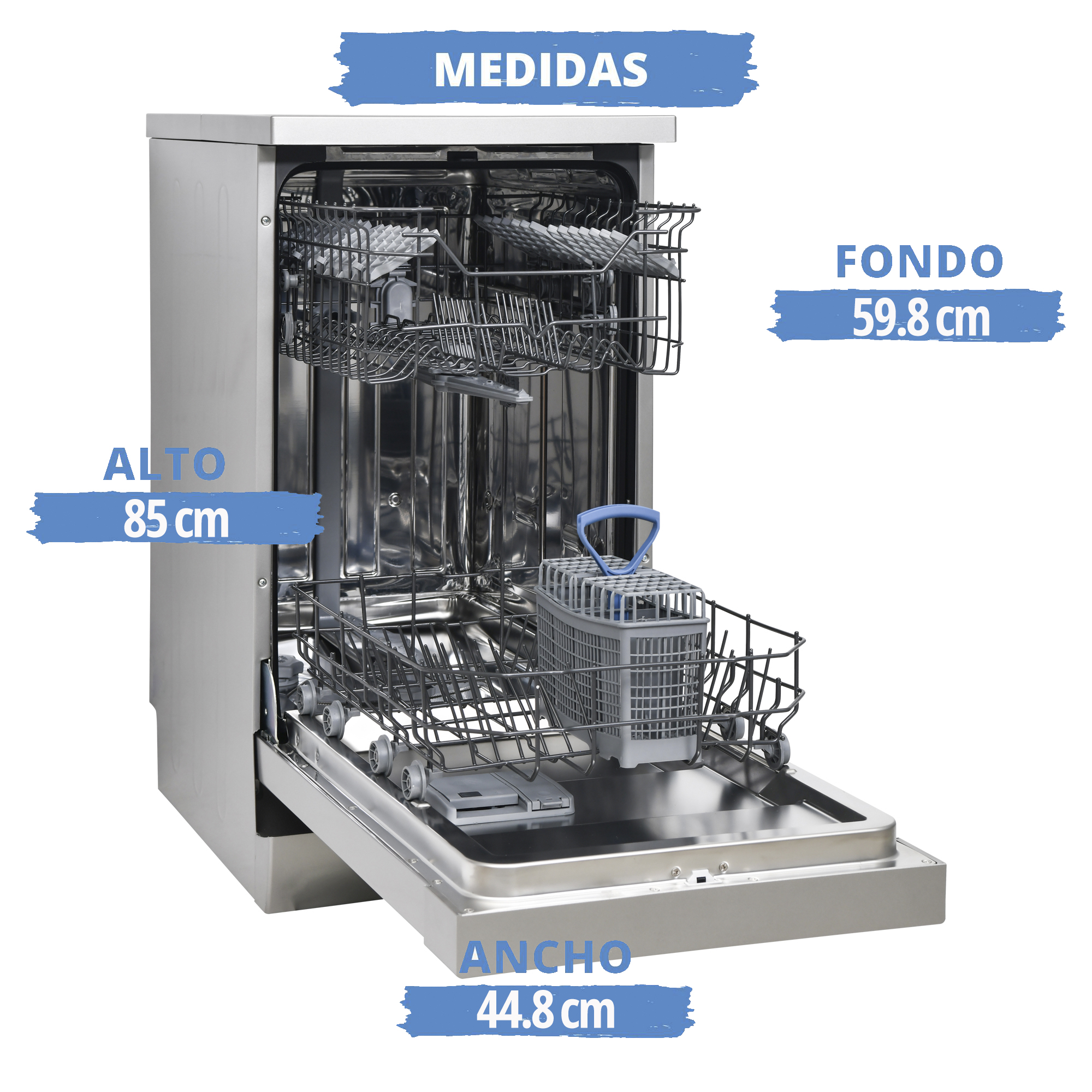 Un lavavajillas de acero inoxidable con la puerta abierta. Las dimensiones están etiquetadas en la imagen.