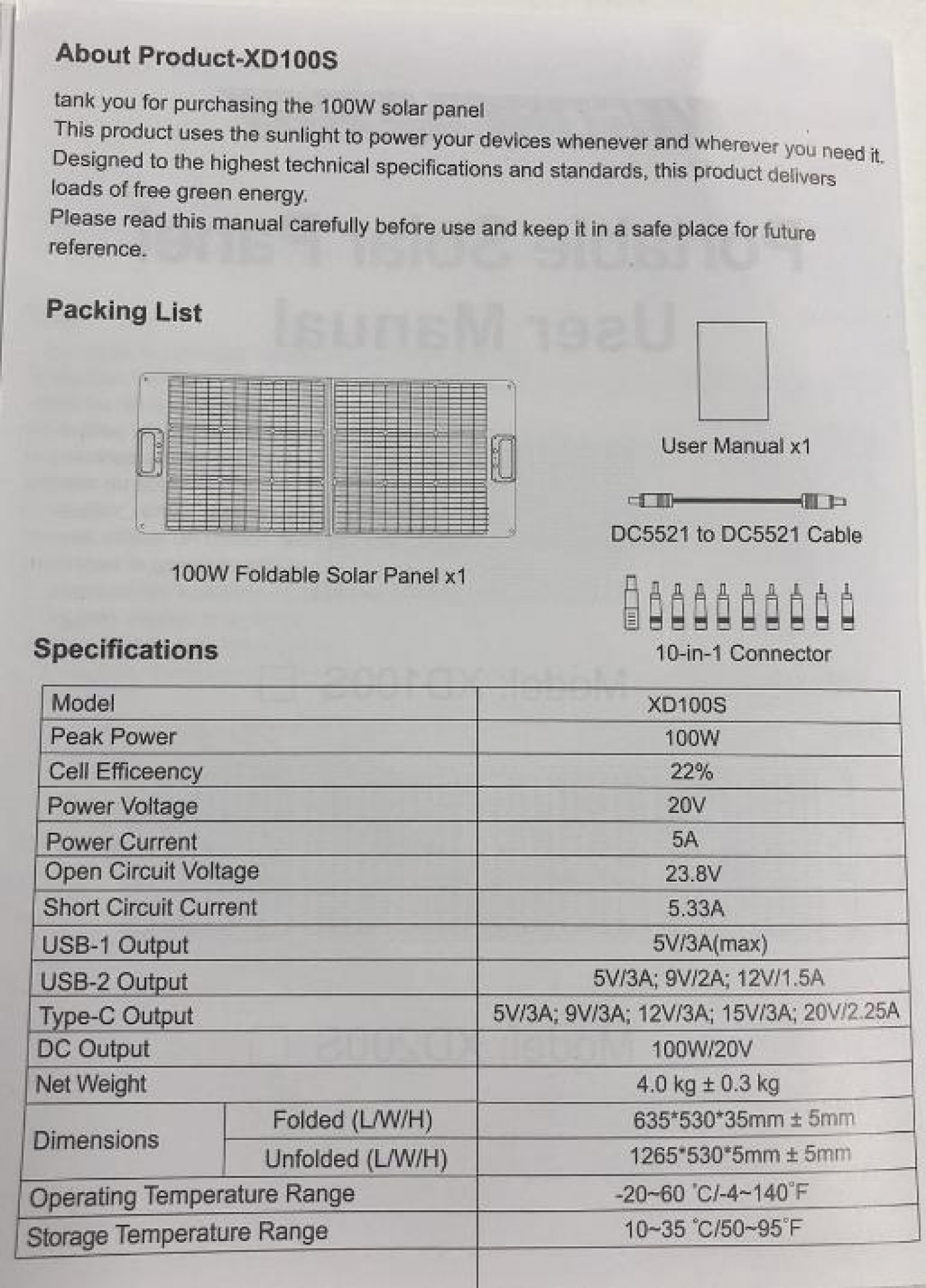 Un manual de usuario de panel solar con un panel solar plegable de 100W y especificaciones.