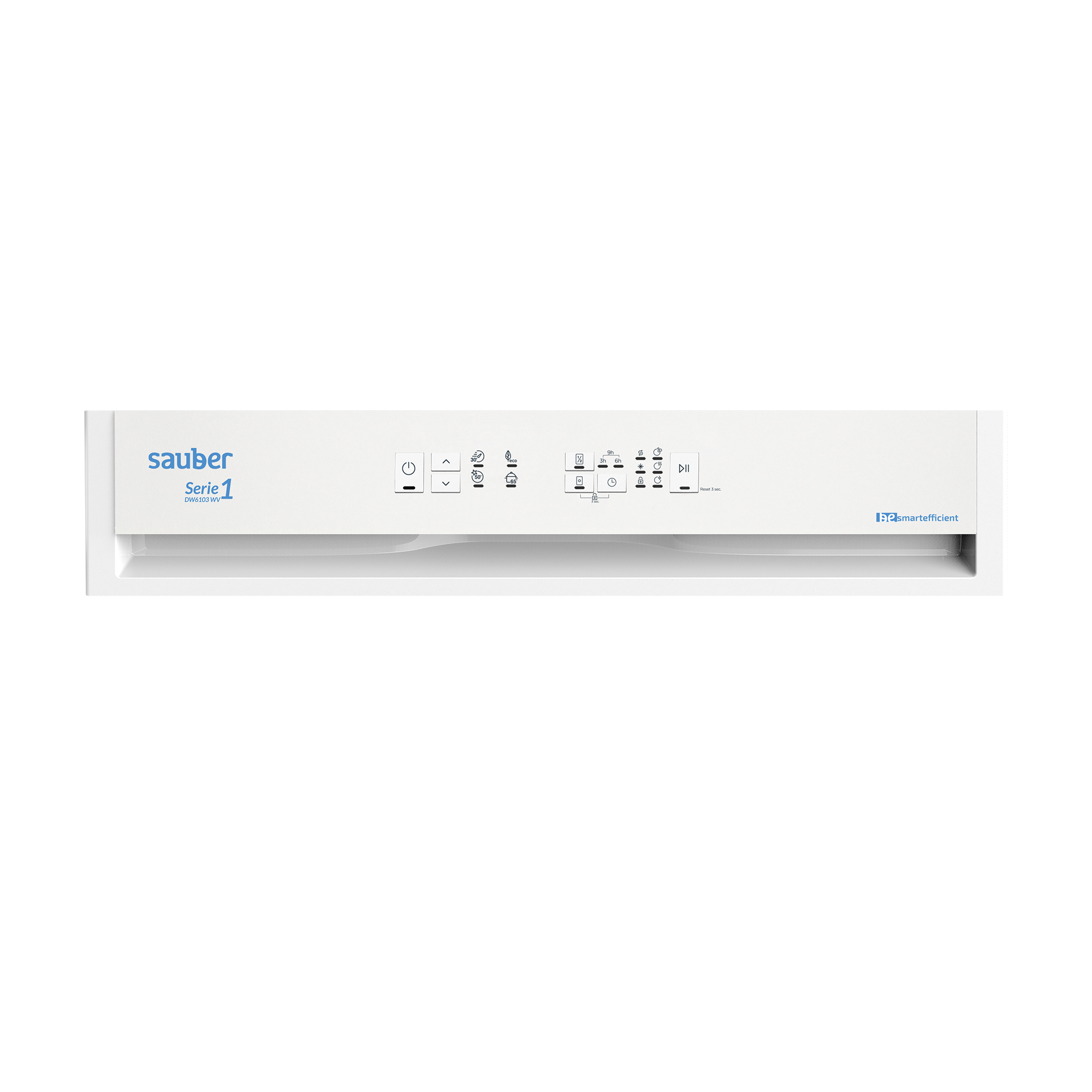 Un panel de control blanco con el logotipo de Sauber y varios botones de control, sobre una superficie blanca.