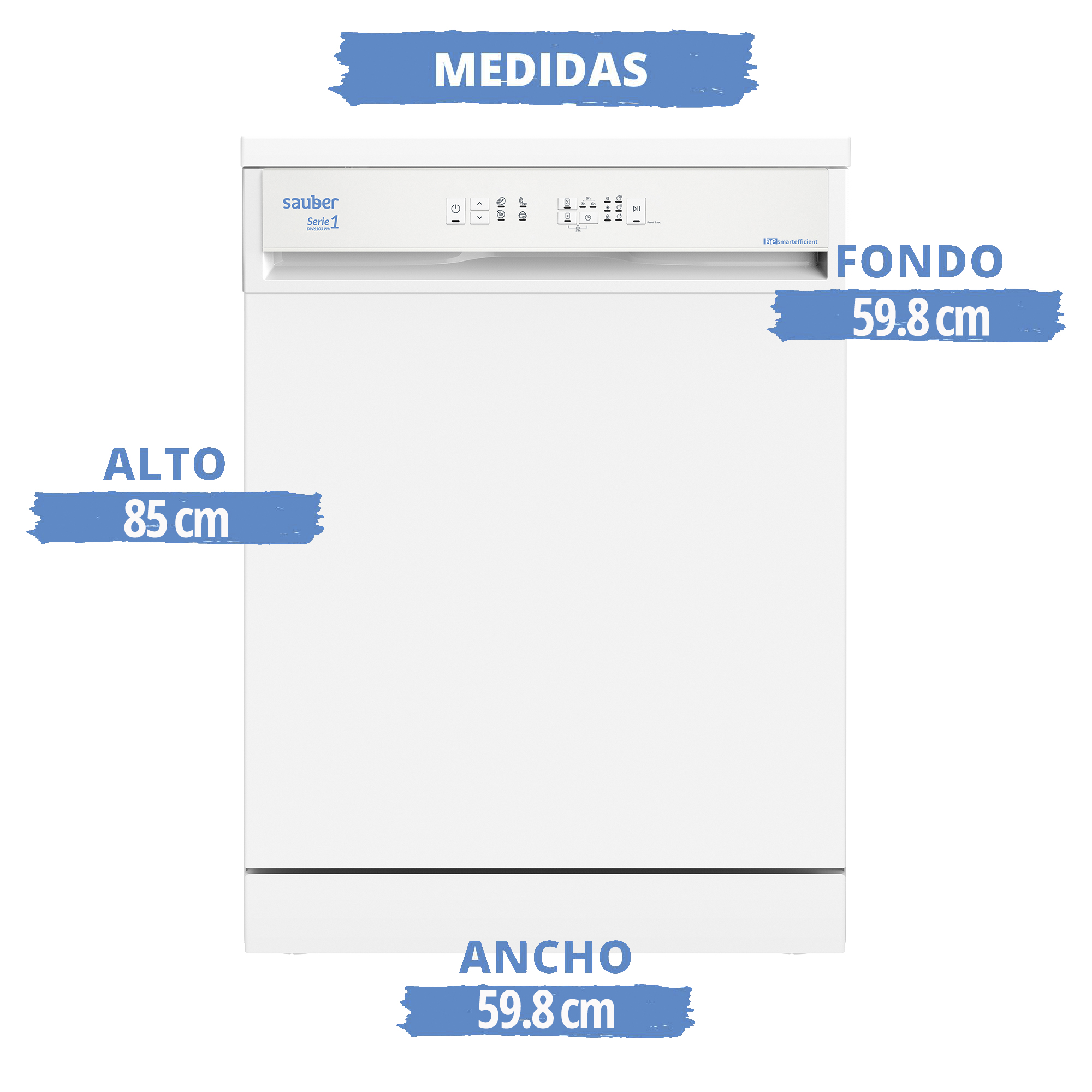 Lavavajillas blanco con dimensiones: 85 cm alto, 59.8 cm ancho y profundidad.